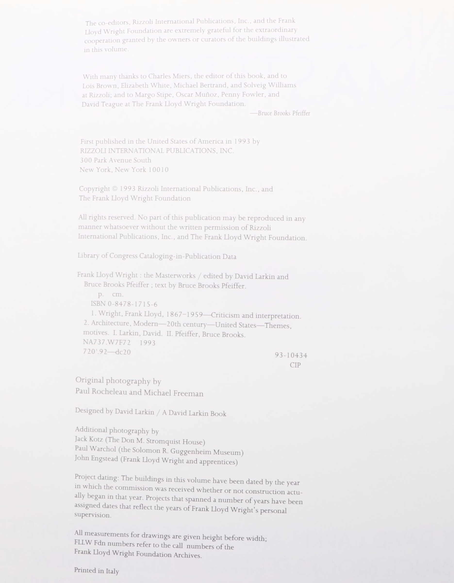 First Edition "Frank Lloyd Wright: The Masterworks" by Larkin and Pfeiffer, 1993