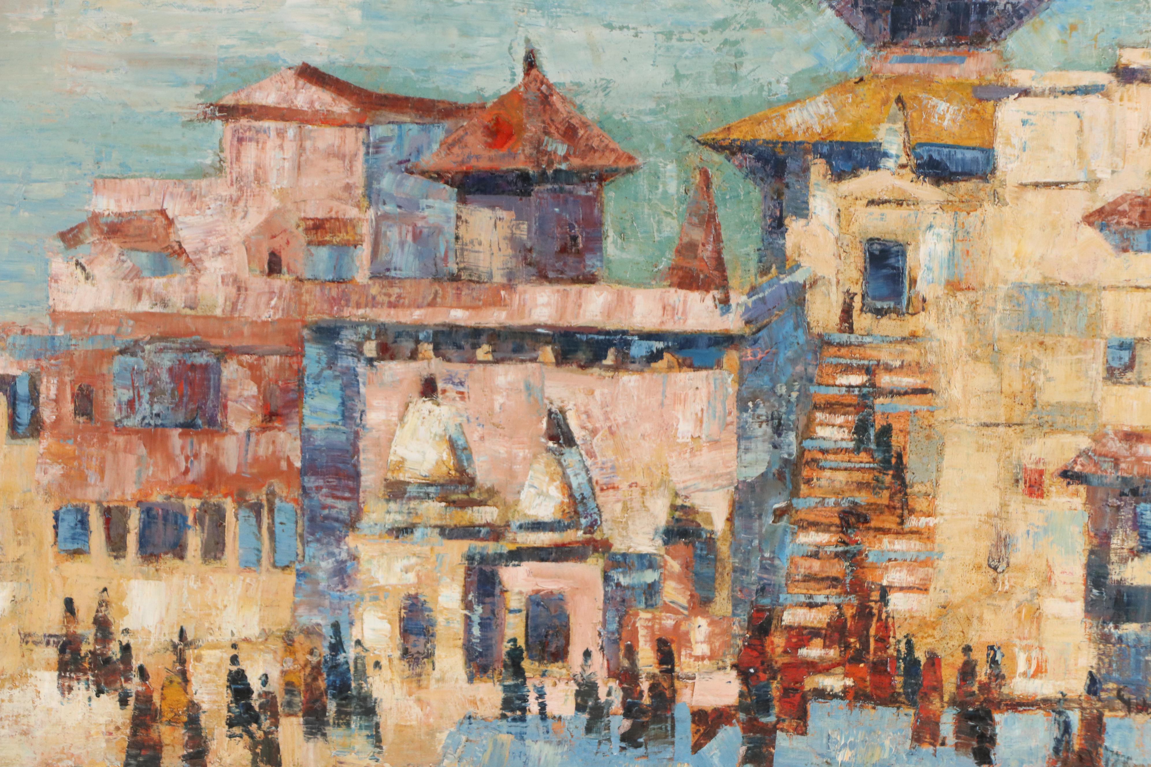 Oil Painting of Modern Continental Cityscape, Mid-20th Century
