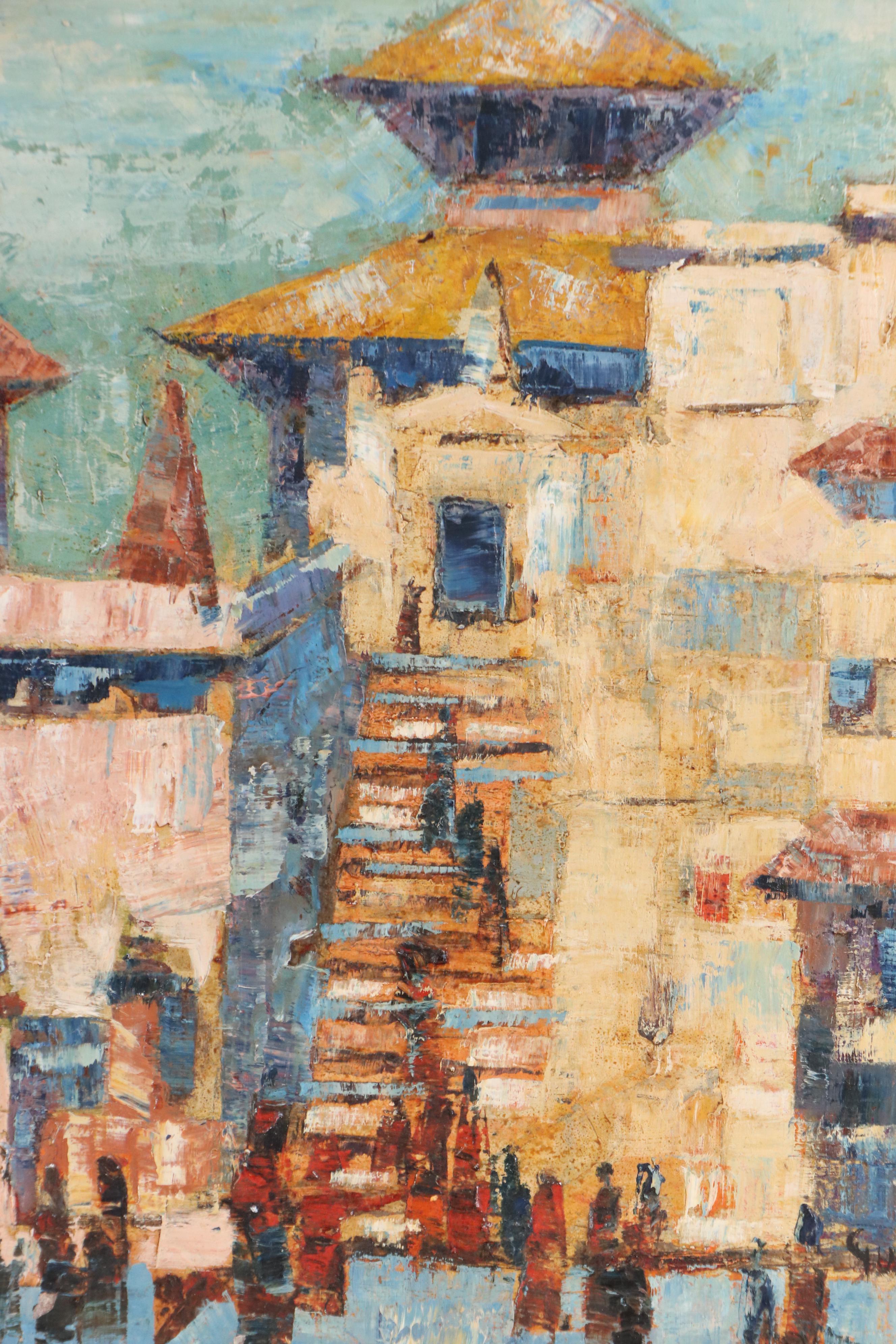 Oil Painting of Modern Continental Cityscape, Mid-20th Century