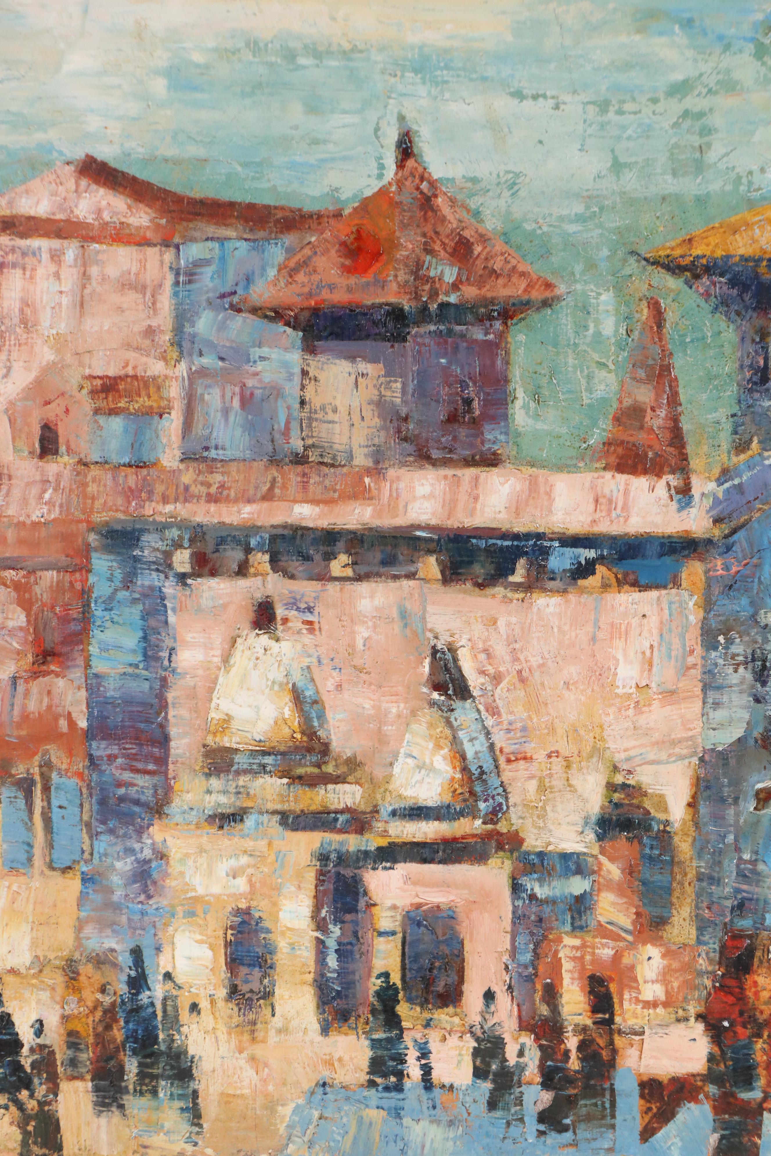 Oil Painting of Modern Continental Cityscape, Mid-20th Century