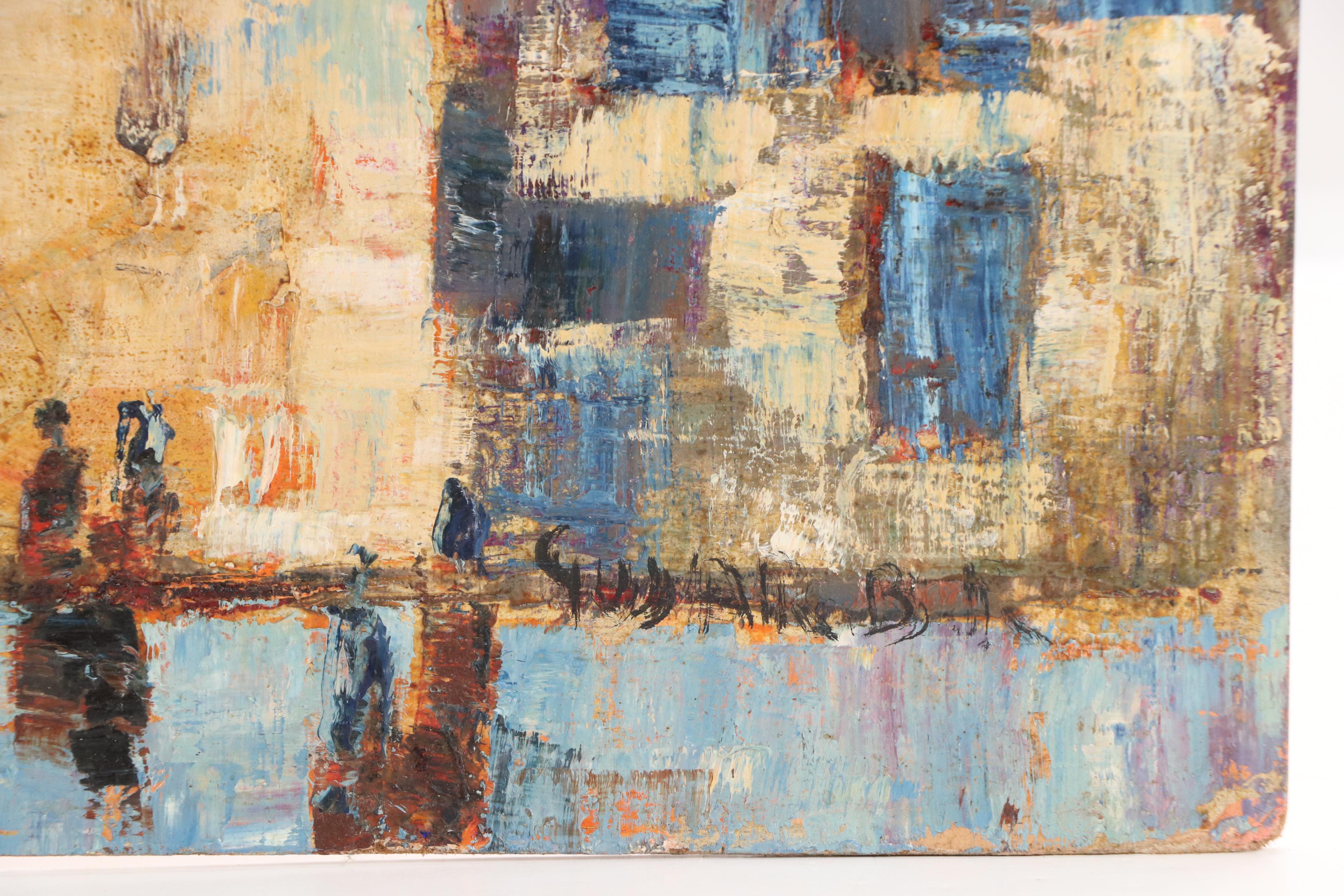 Oil Painting of Modern Continental Cityscape, Mid-20th Century