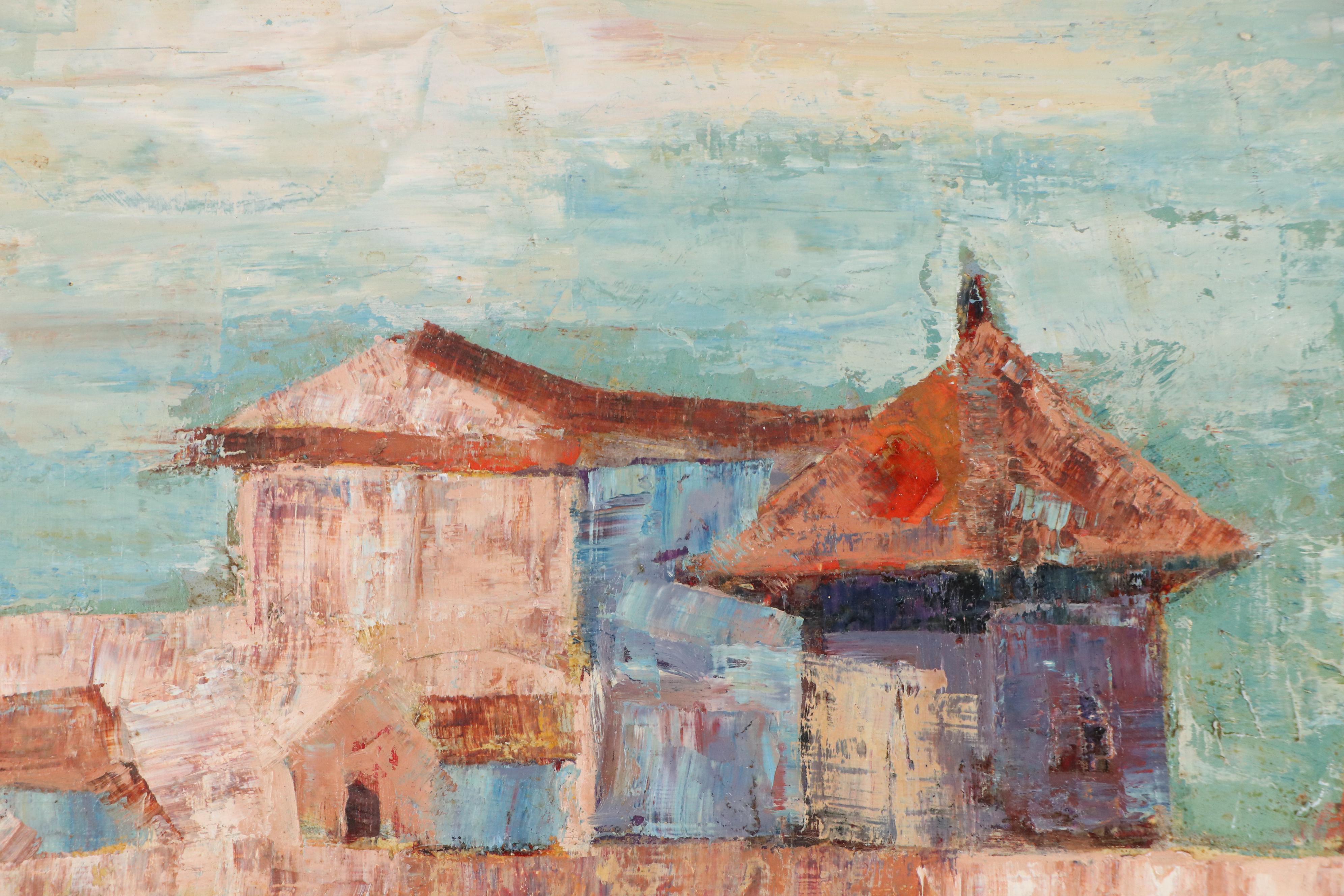 Oil Painting of Modern Continental Cityscape, Mid-20th Century