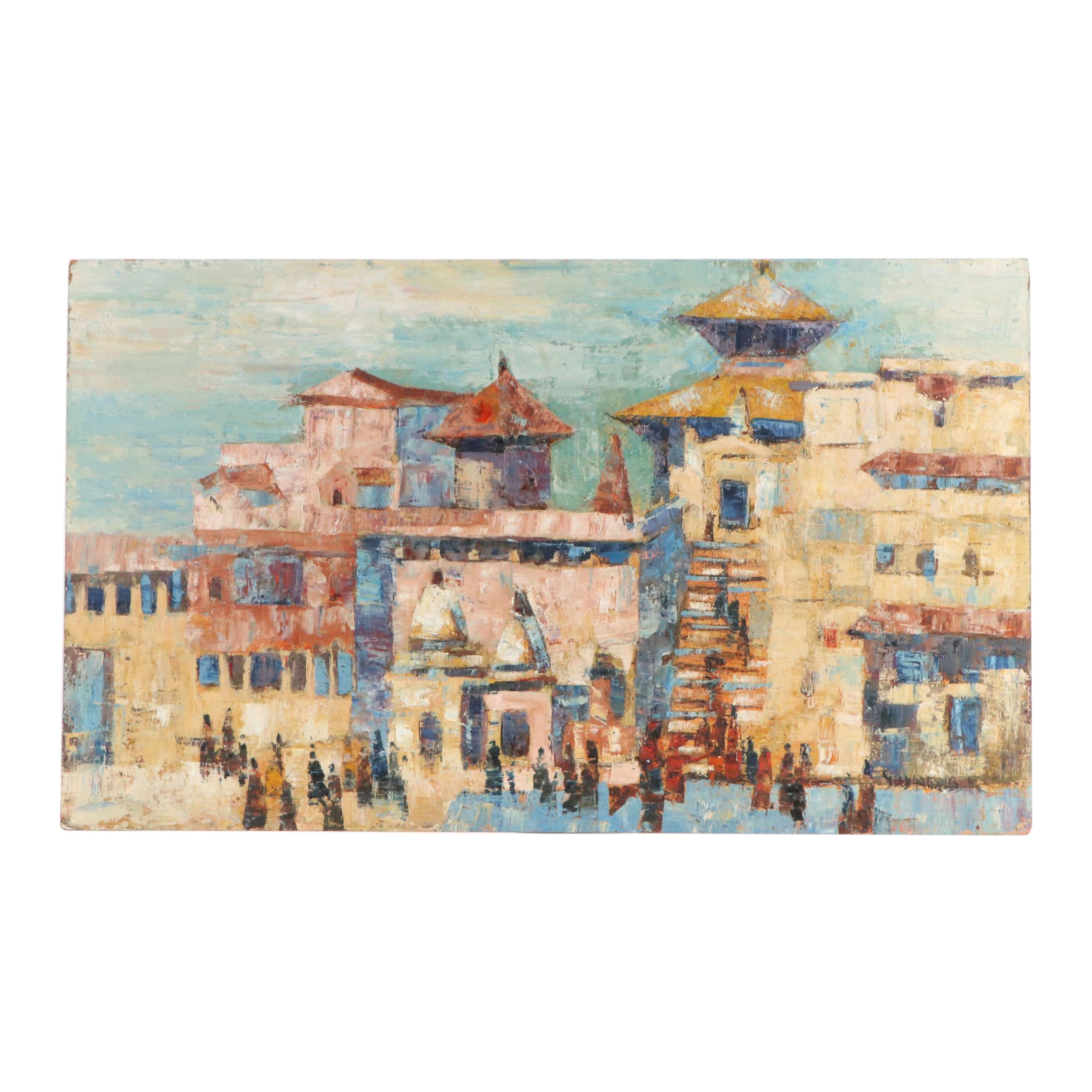 Oil Painting of Modern Continental Cityscape, Mid-20th Century