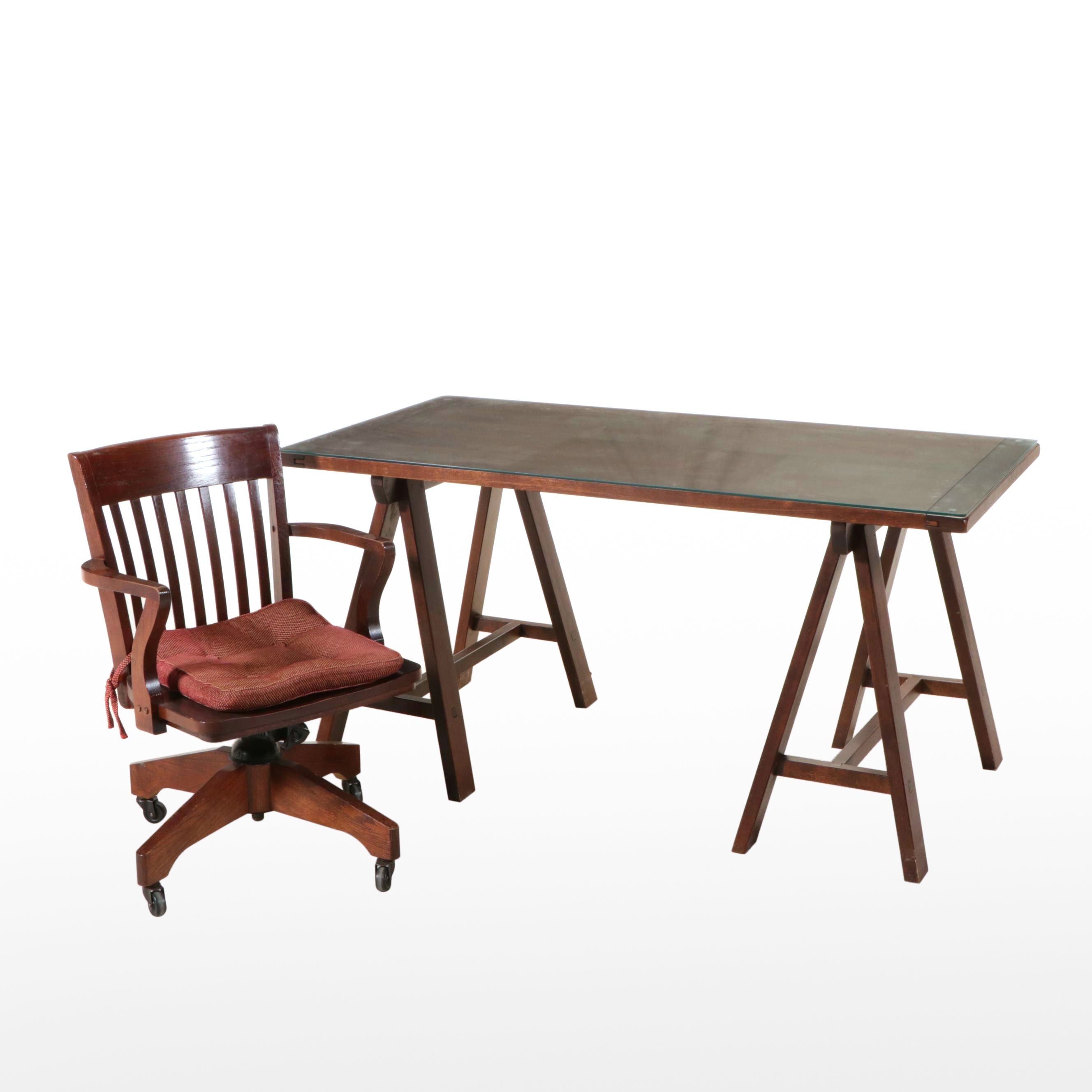 Contemporary Sawhorse Desk with Glass Top and Oak Desk Chair