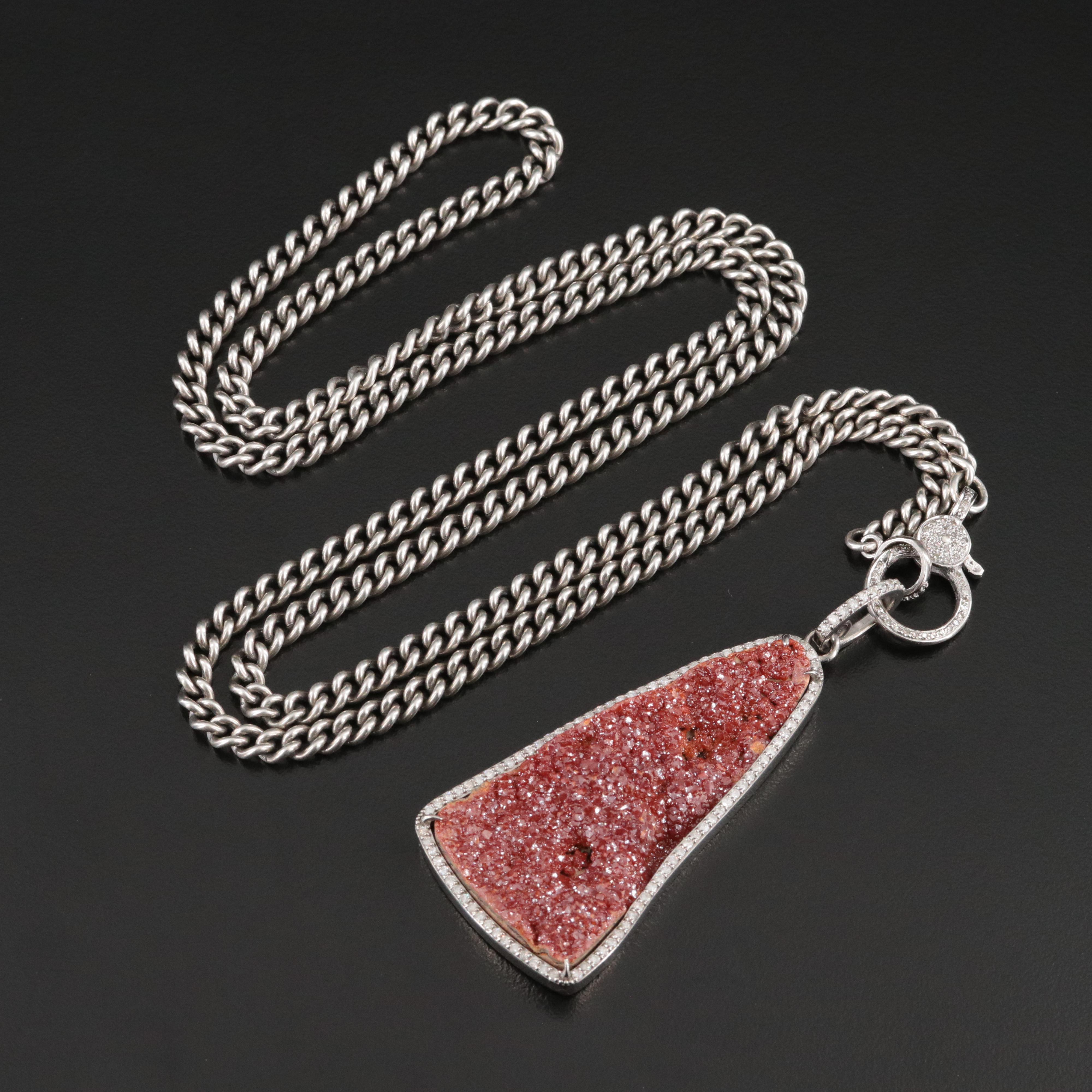 Sheryl Lowe Sterling Druzy and Diamond Pendant and Curb Chain