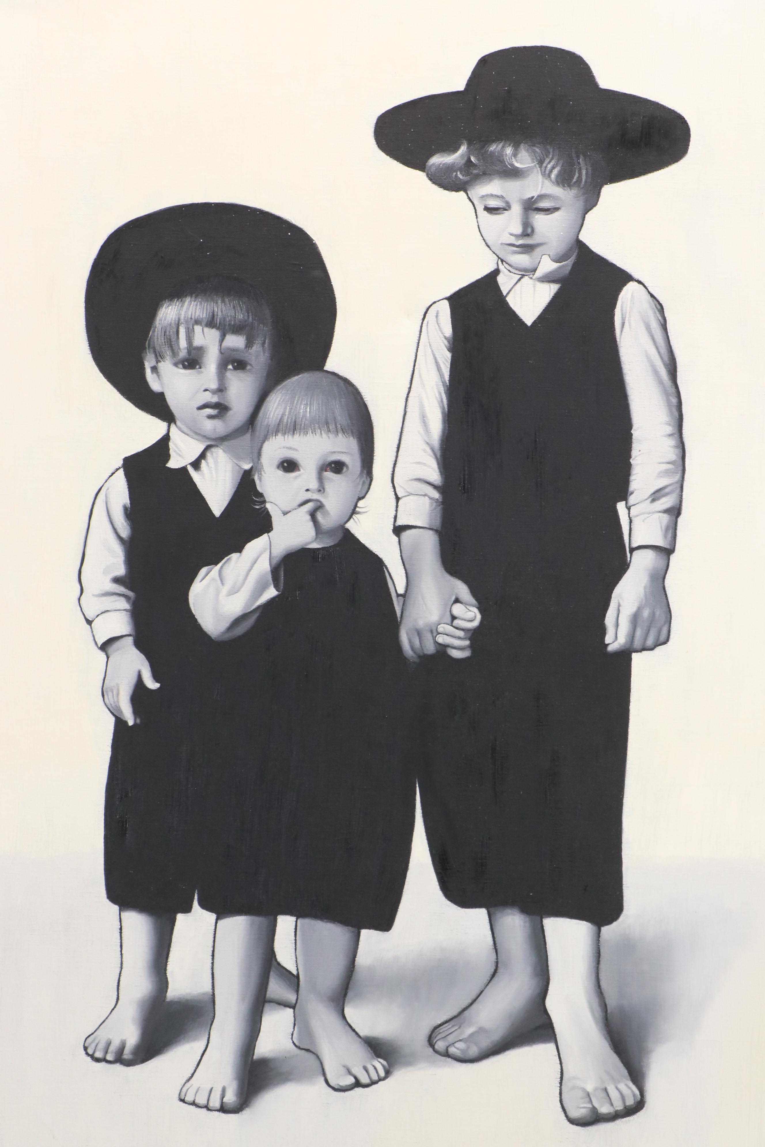 Antonius Grol Grisaille Oil Painting of Three Young Amish Children