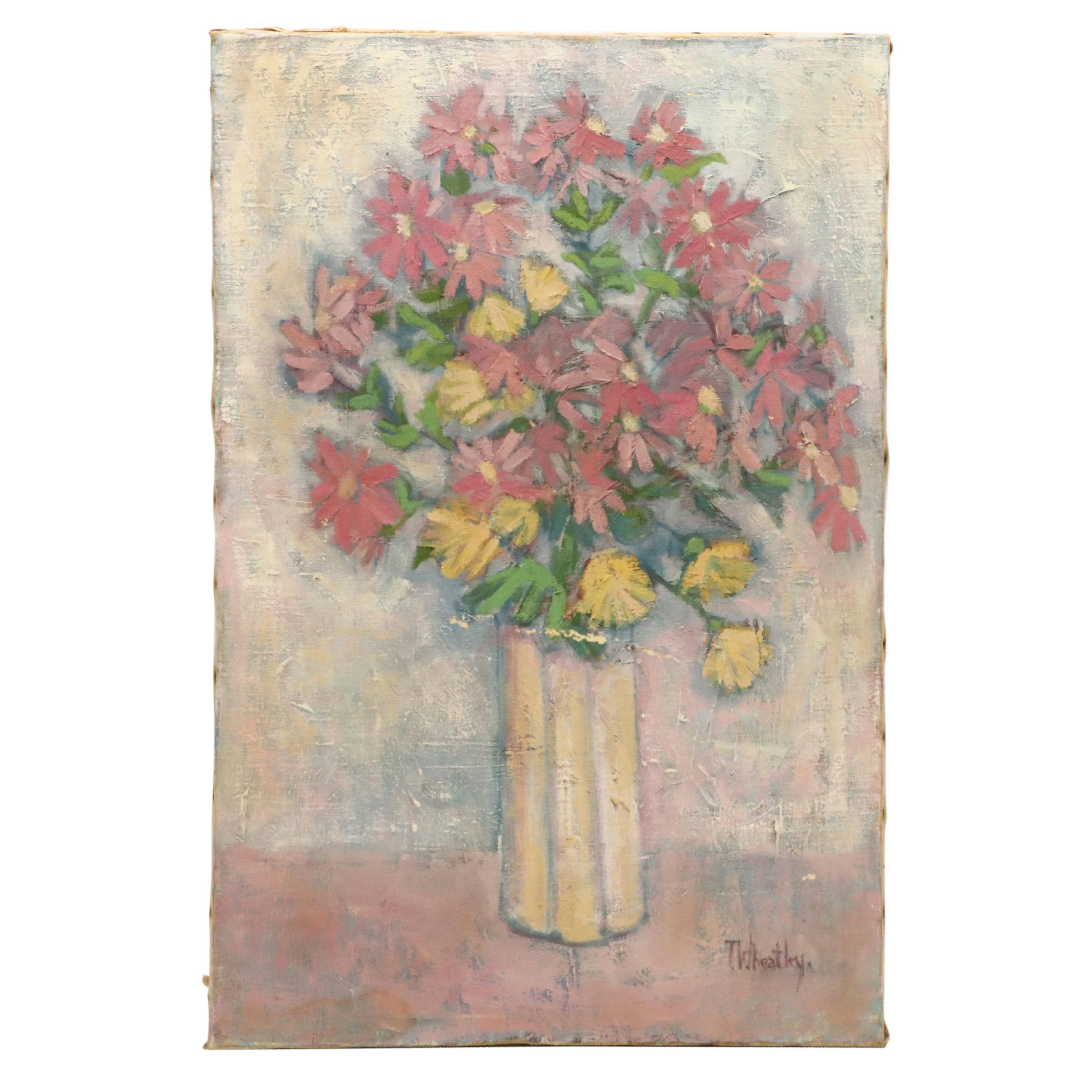 T. Wheatley Stylized Oil Painting of Floral Still Life, 20th Century