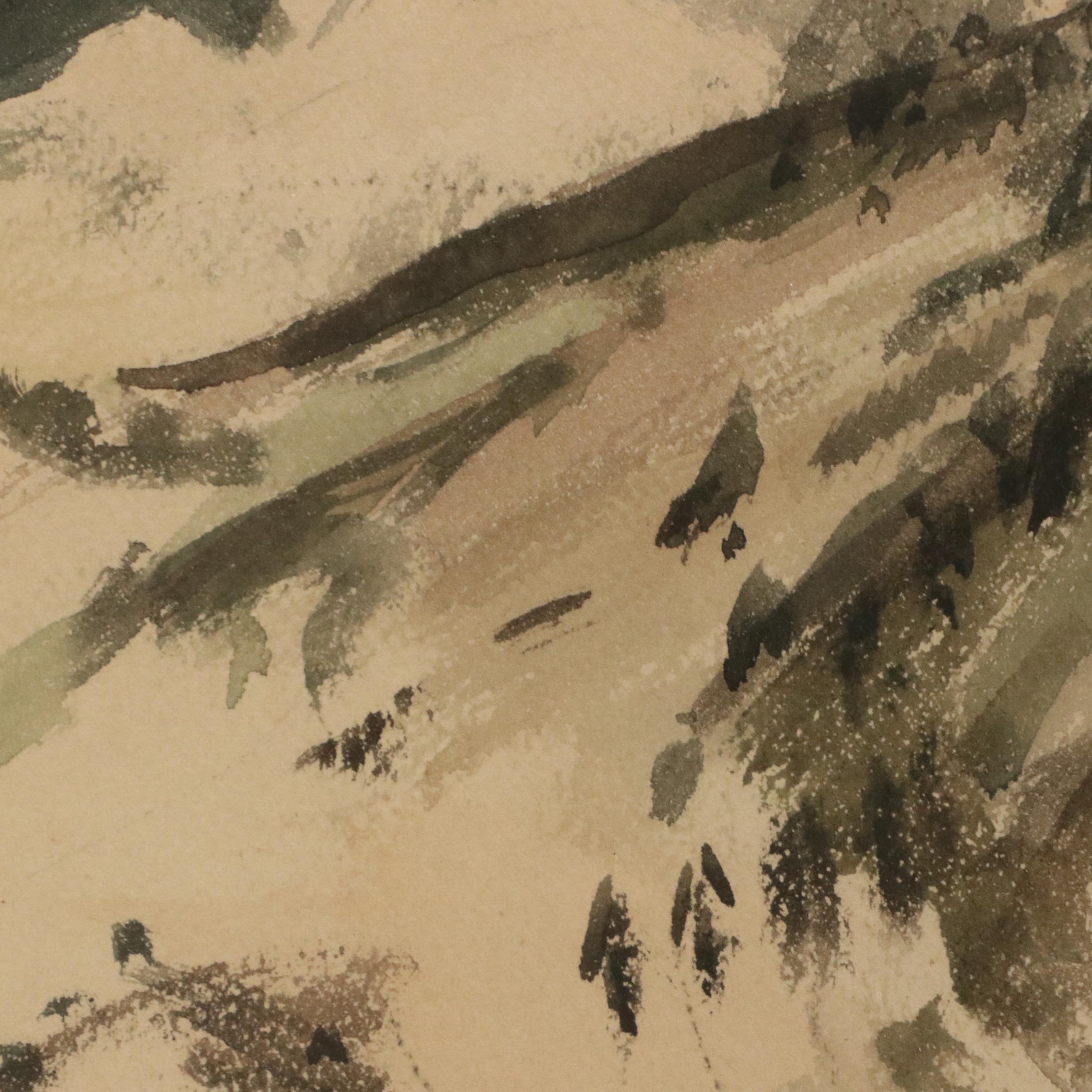 William Gaskin Landscape Watercolor Painting of Snowy Mountain Peak, 1933