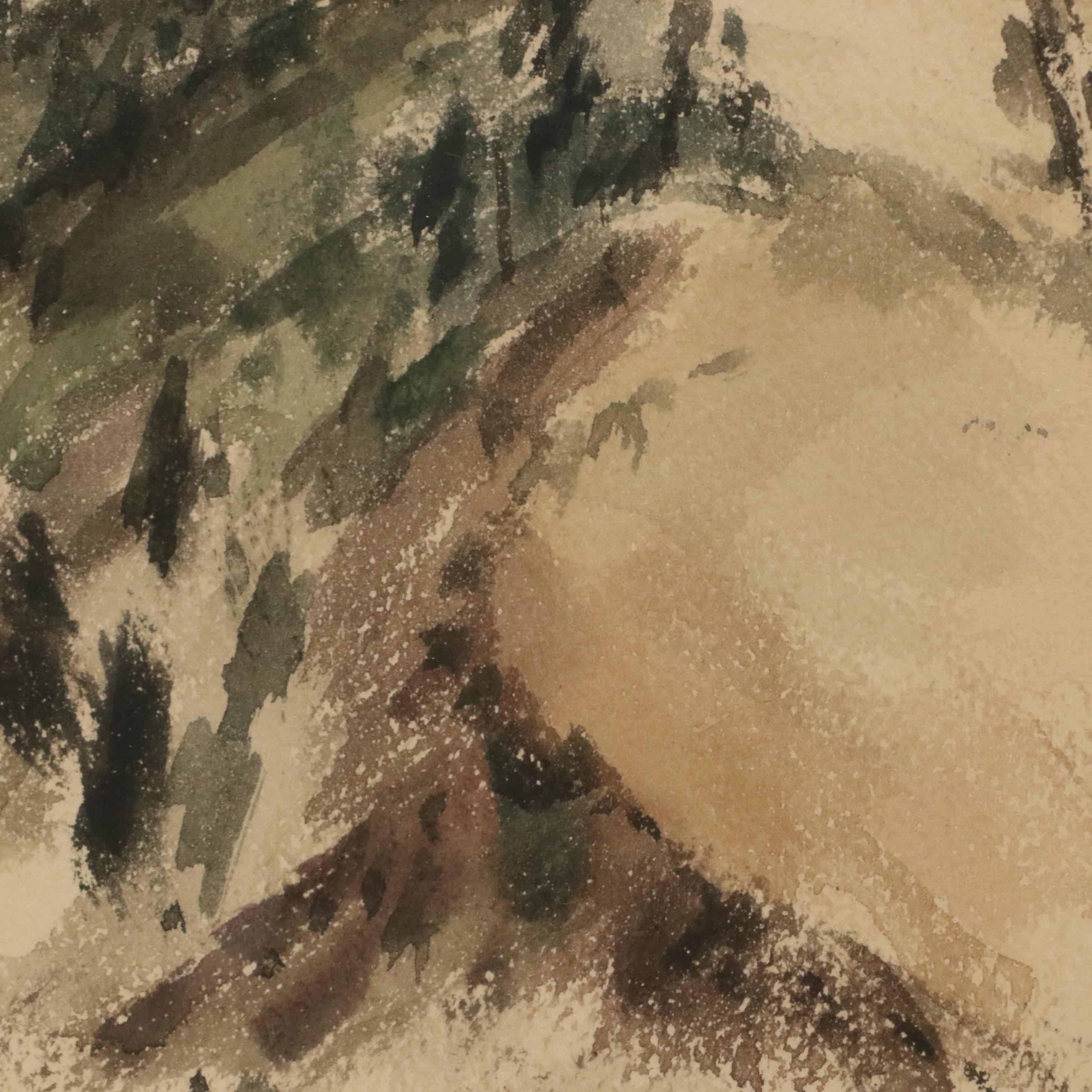 William Gaskin Landscape Watercolor Painting of Snowy Mountain Peak, 1933