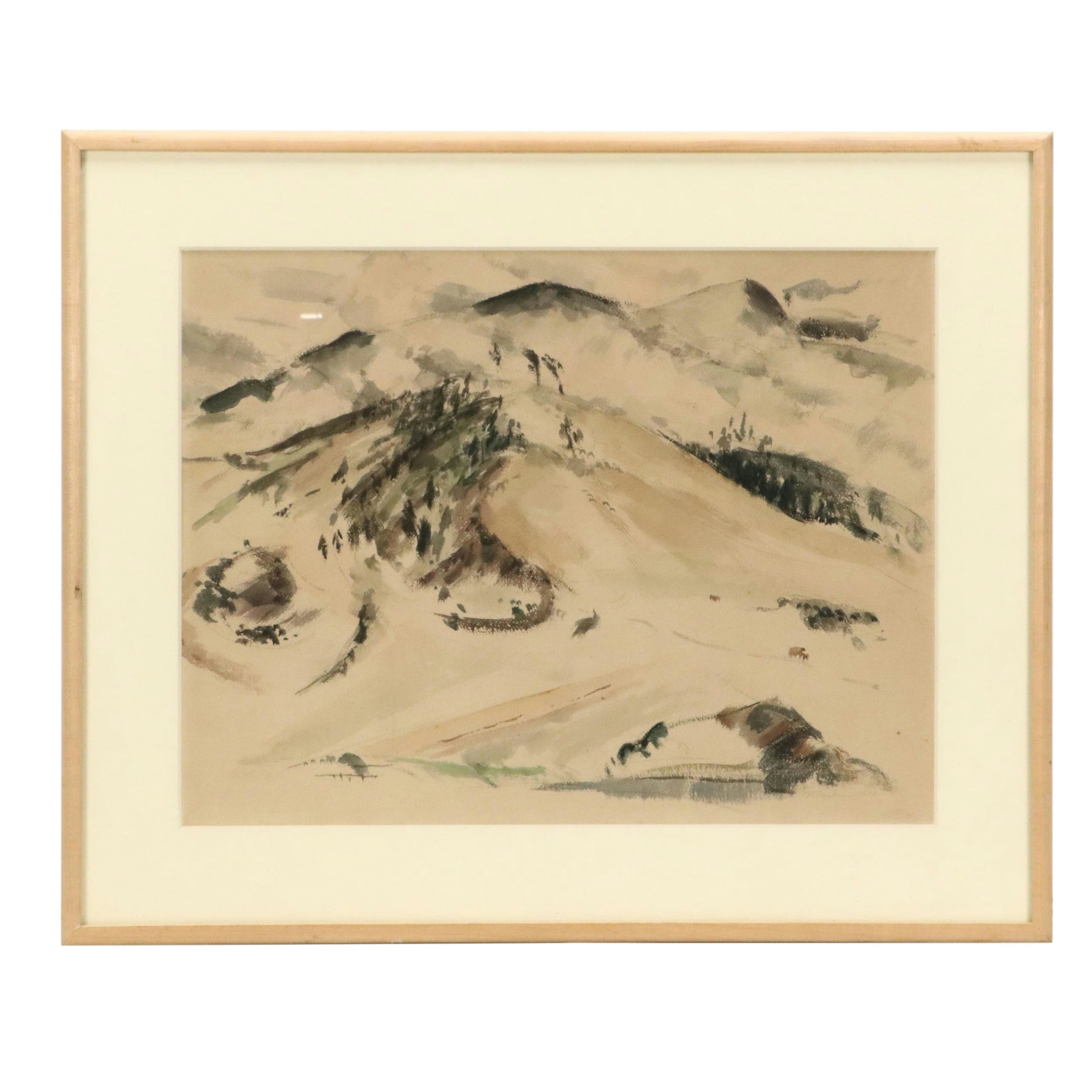 William Gaskin Landscape Watercolor Painting of Snowy Mountain Peak, 1933