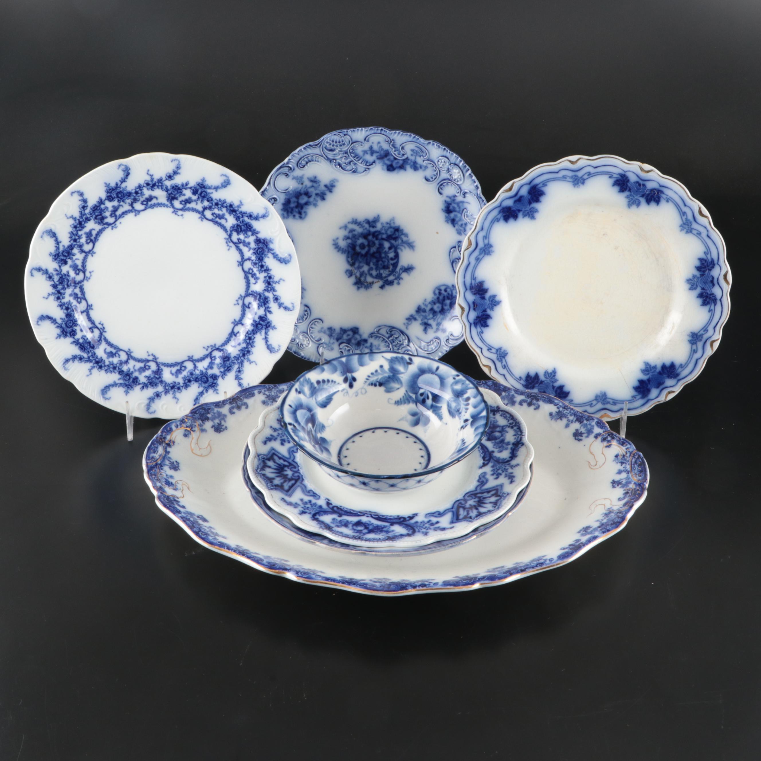 Johnson Bros., Grindley, Wood & Son Flow Blue with Russian Gzhel Dinnerware