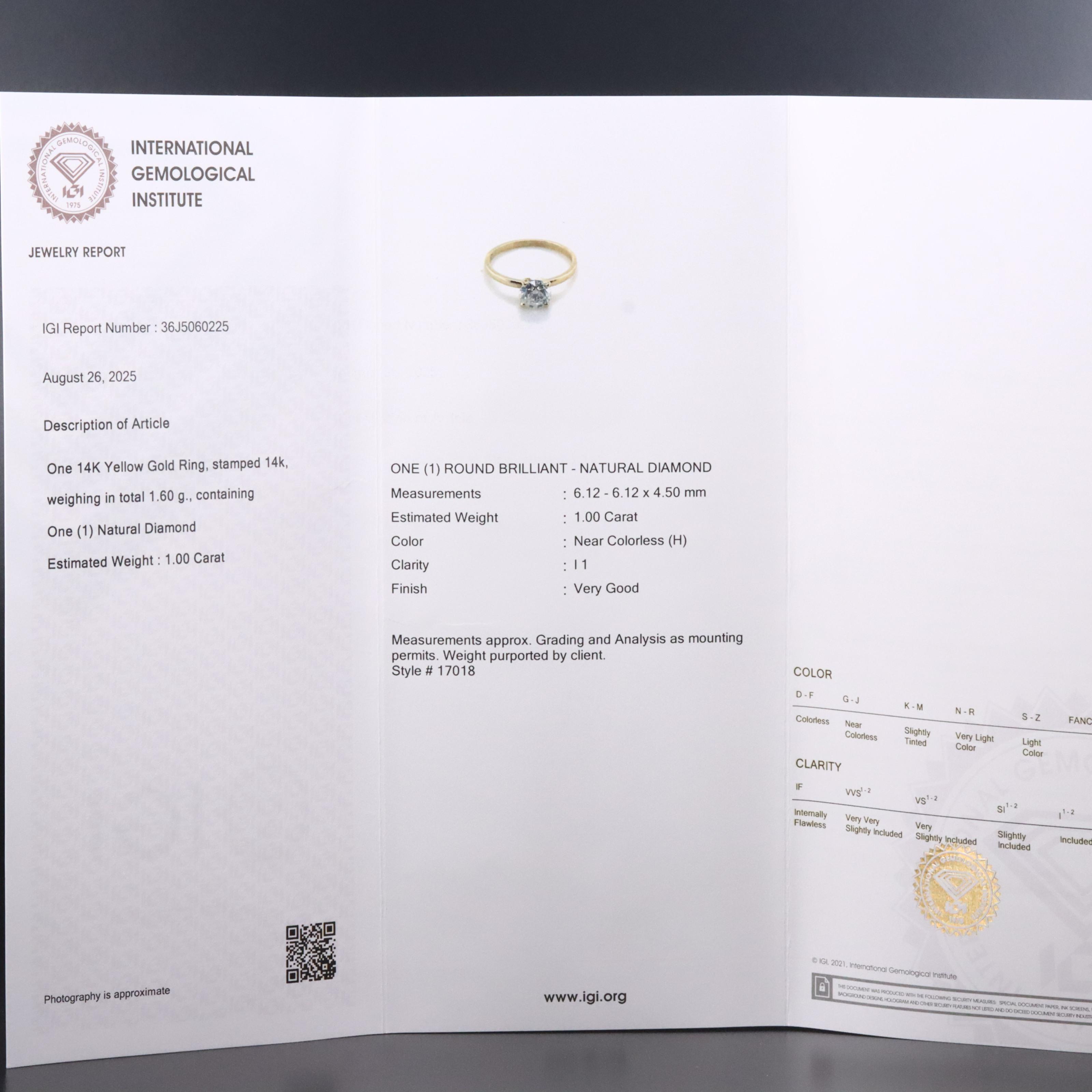 14K 1.00 CT Diamond Solitaire Ring with IGI Jewelry Report