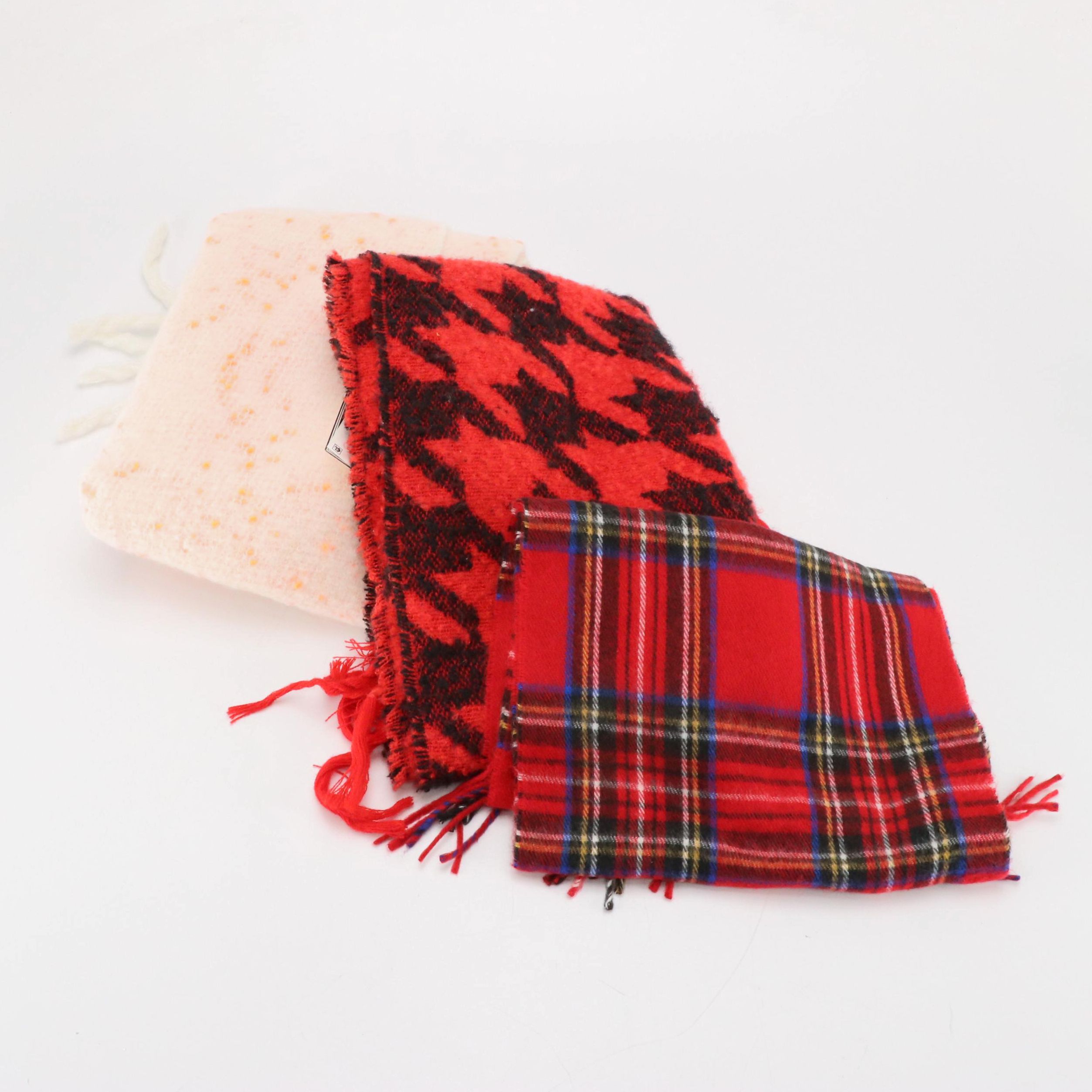 DKNY Red Houndstooth & Orange Speckled Fringe Scarves, Steve Madden Plaid Scarf