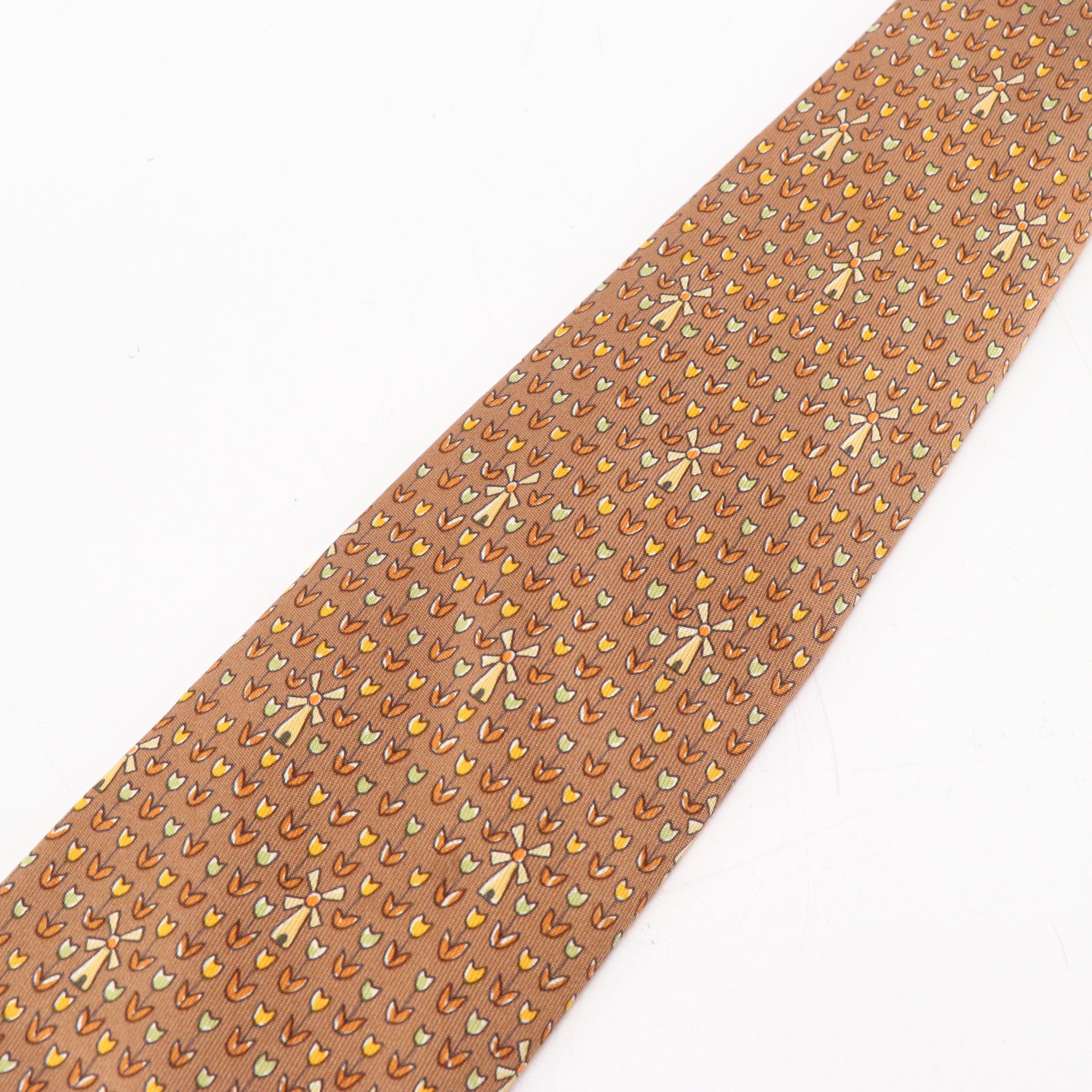 Hermès Tulip/Windmill Pattern Tall Necktie in Silk Twill
