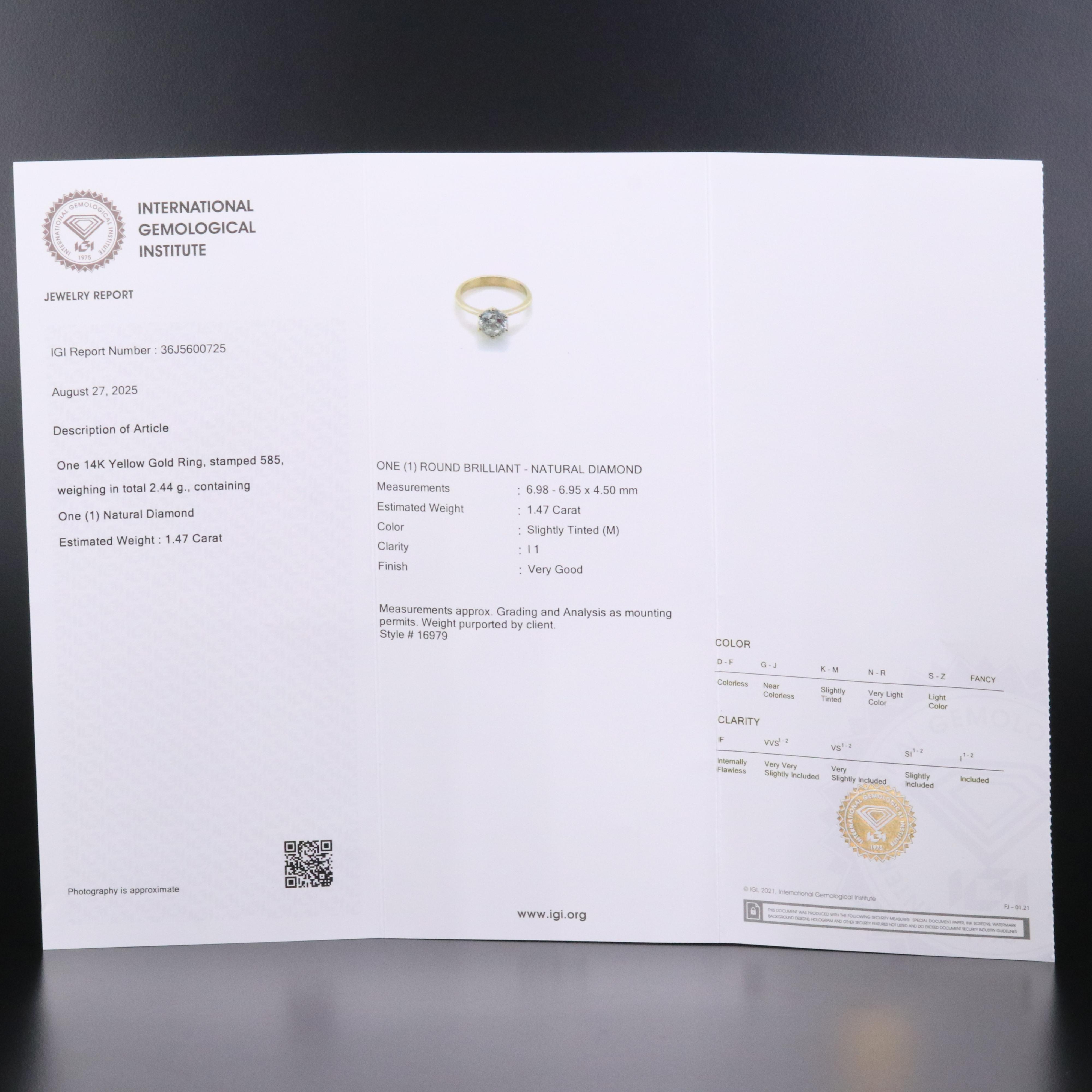 14K 1.47 CT Diamond Solitaire Ring with IGI Jewelry Report