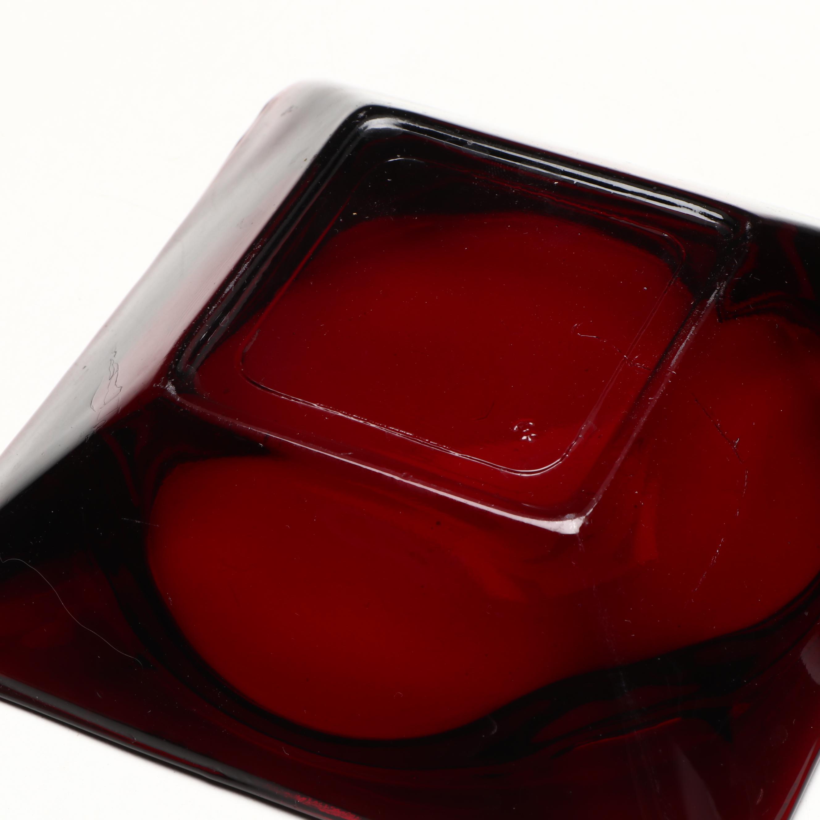 Anchor Hocking "Soreno" with Square "Royal Ruby," "Amber" Glass Ashtrays