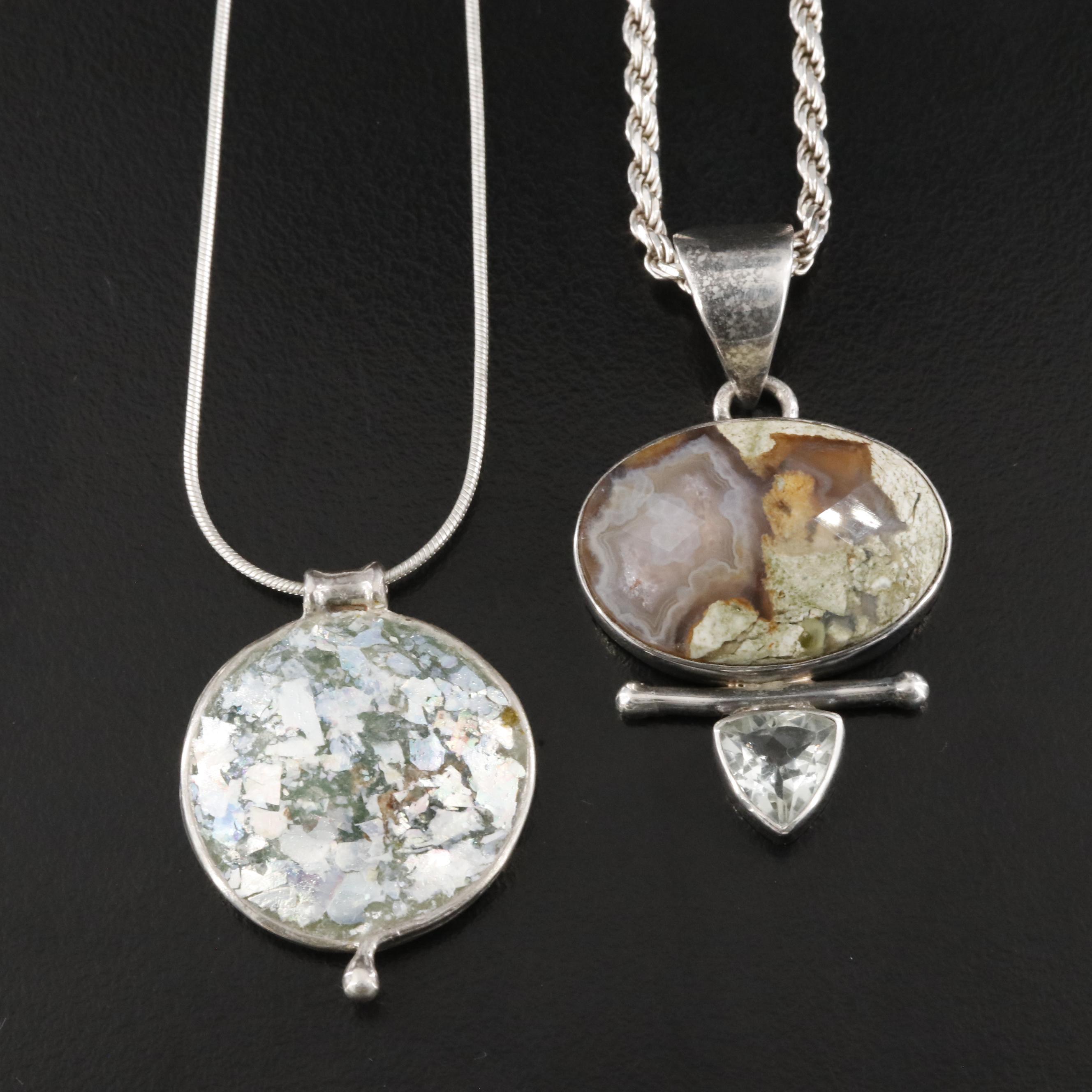 Sterling Agate, Prasiolite and Roman Glass Style Pendant Necklaces