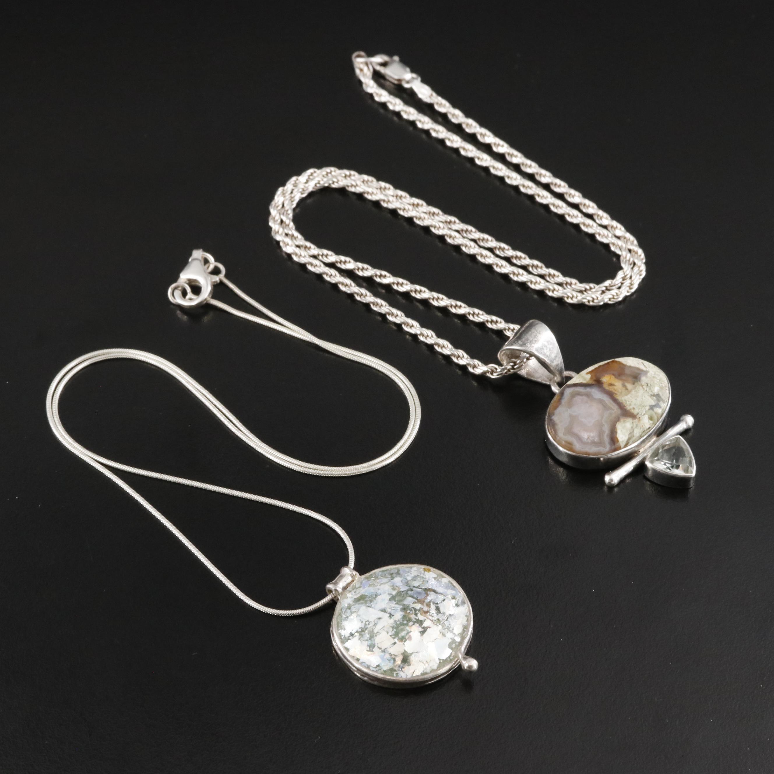 Sterling Agate, Prasiolite and Roman Glass Style Pendant Necklaces
