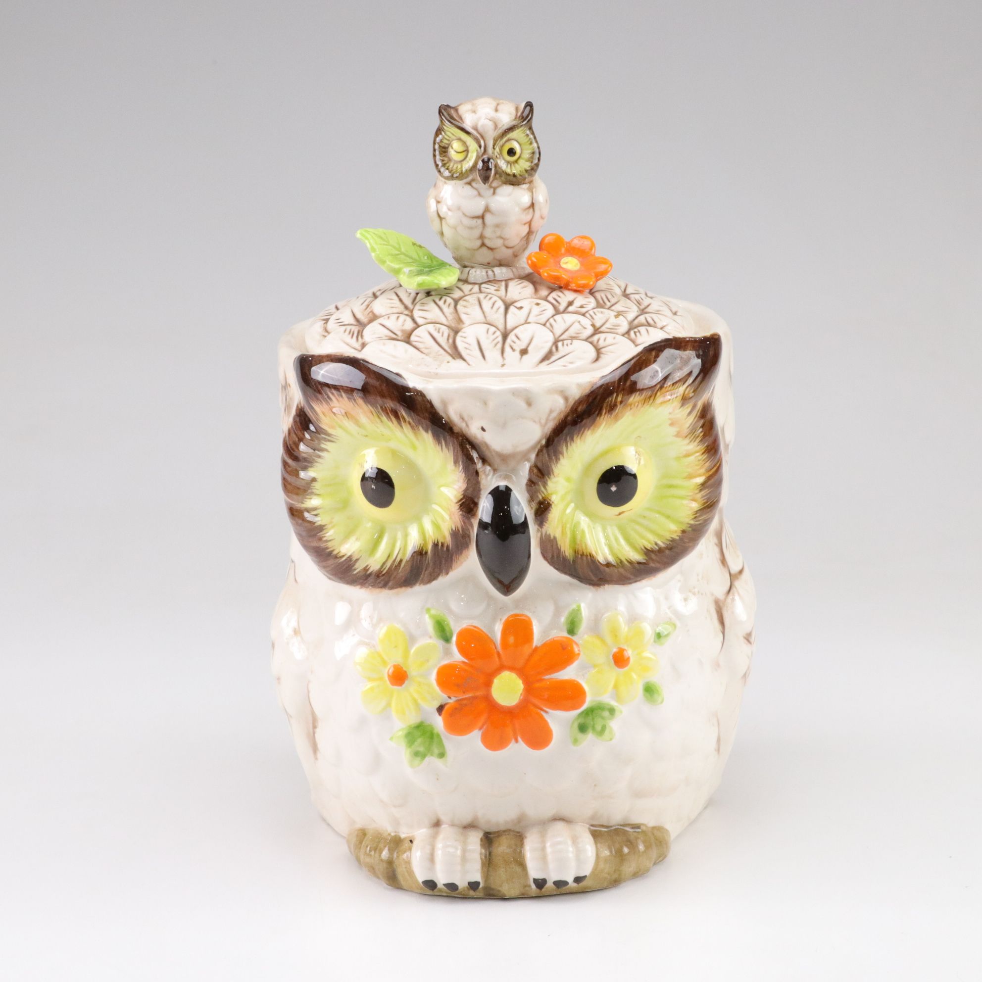 Ceramic Owl and Flower Cookie Jar