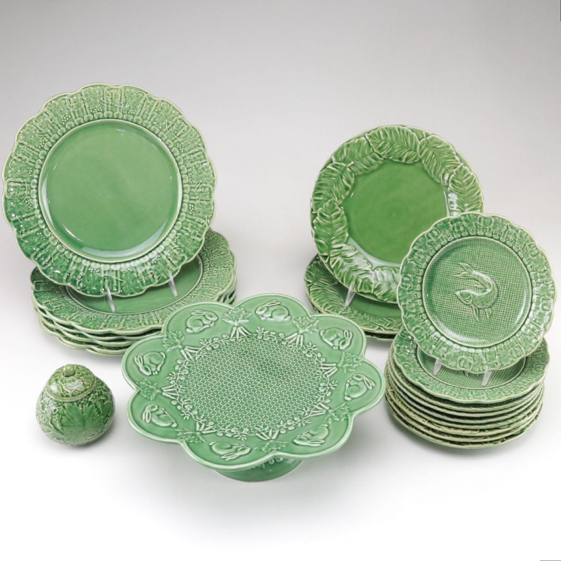 Bordallo Pinheiro Green Cake Stand, Plates & Sugar Bowl