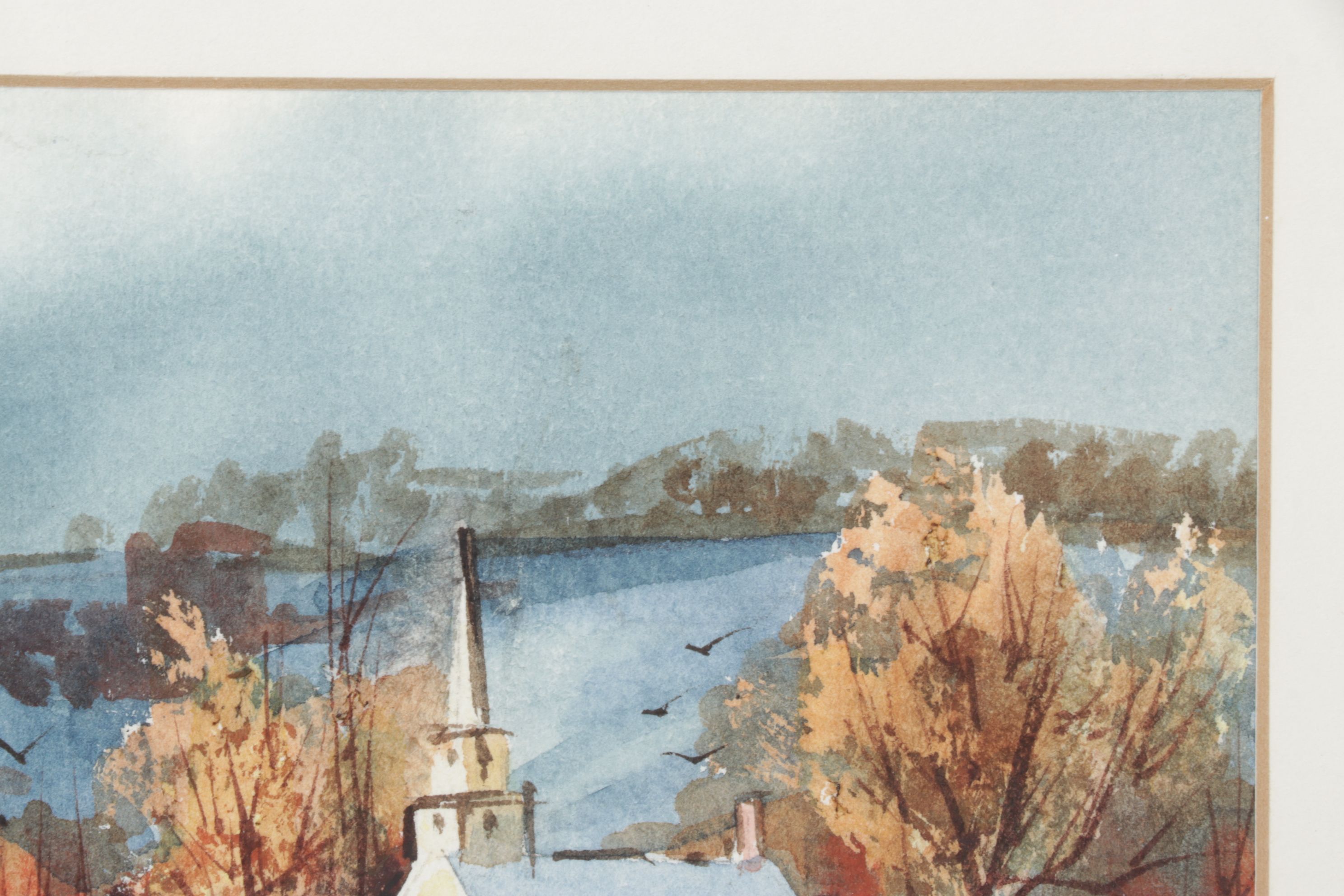 Robert Brubaker Watercolor Landscape Painting of Rural Winter Town at Daybreak