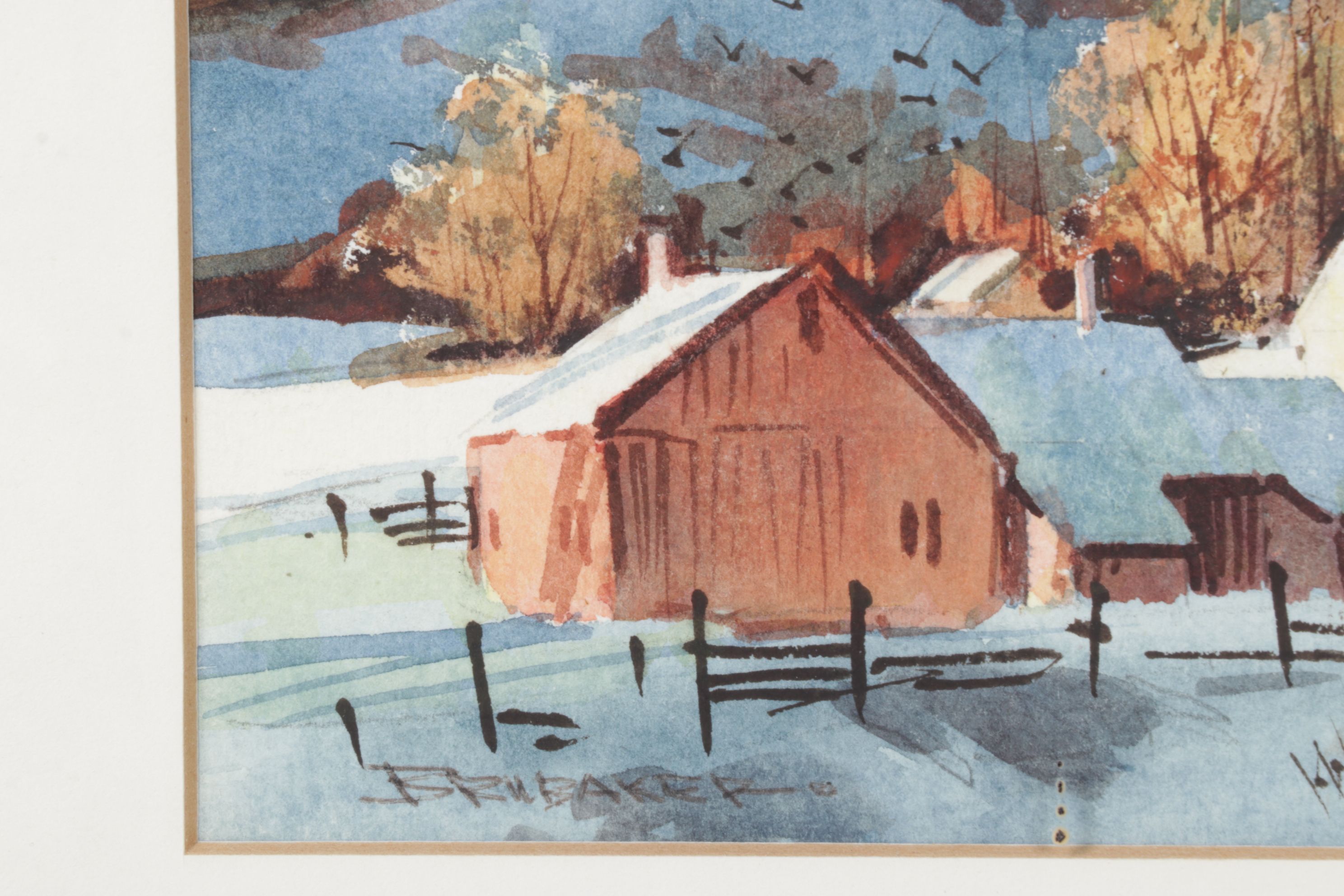 Robert Brubaker Watercolor Landscape Painting of Rural Winter Town at Daybreak