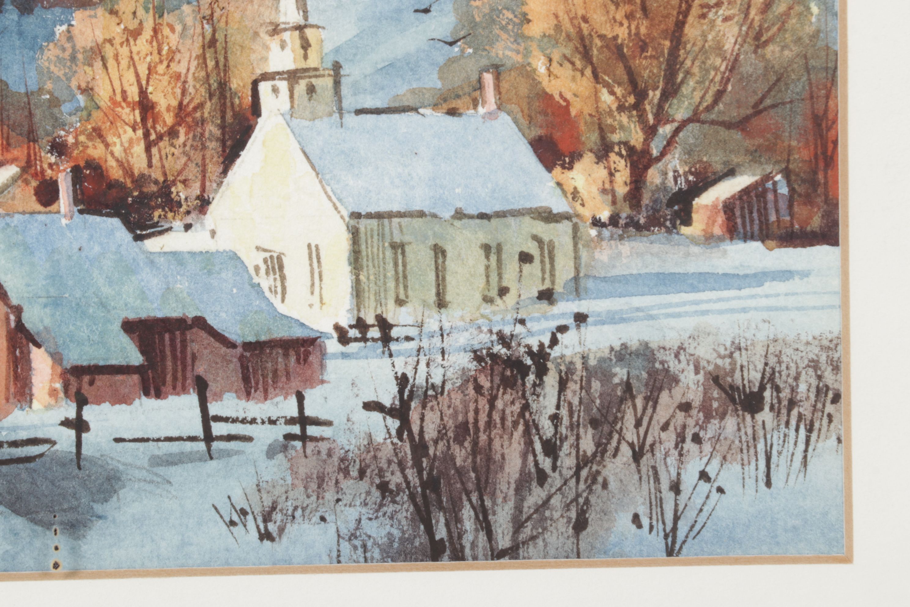 Robert Brubaker Watercolor Landscape Painting of Rural Winter Town at Daybreak