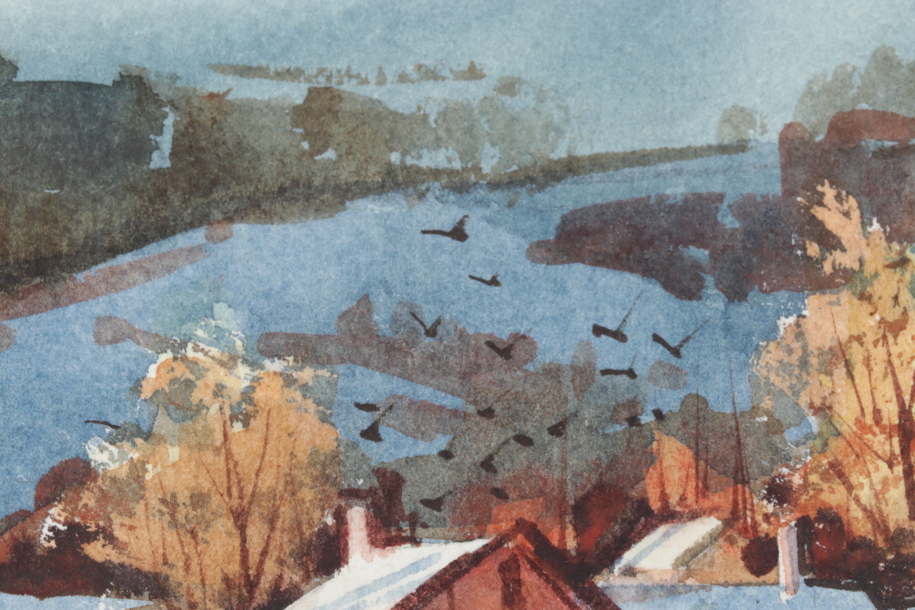 Robert Brubaker Watercolor Landscape Painting of Rural Winter Town at Daybreak