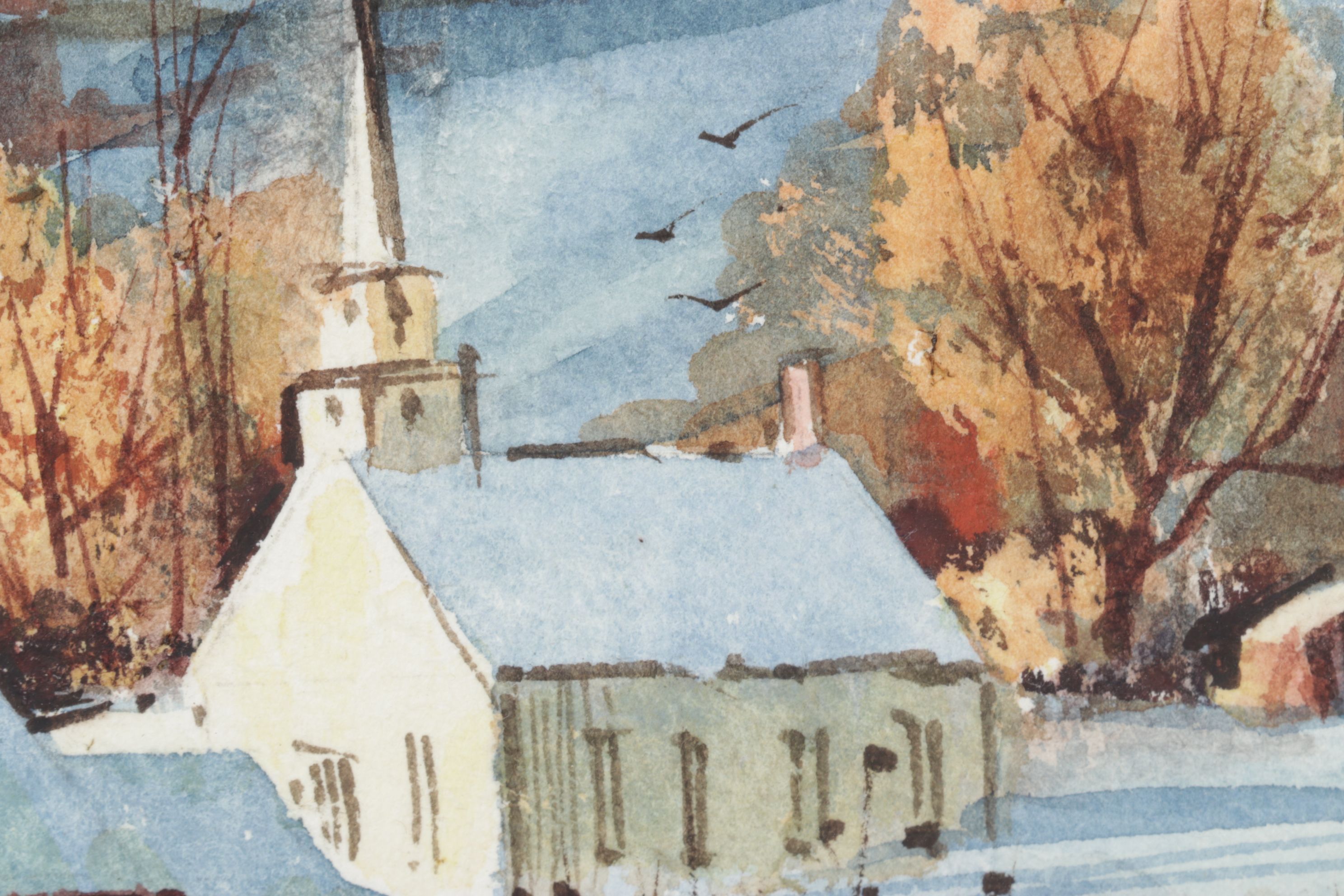 Robert Brubaker Watercolor Landscape Painting of Rural Winter Town at Daybreak
