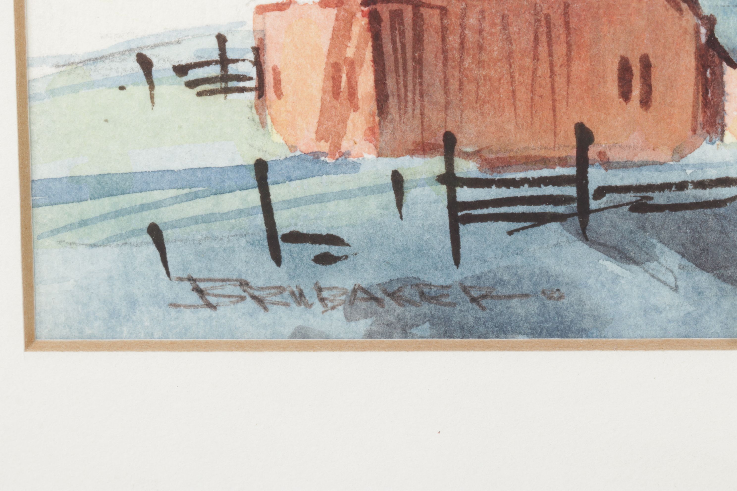 Robert Brubaker Watercolor Landscape Painting of Rural Winter Town at Daybreak