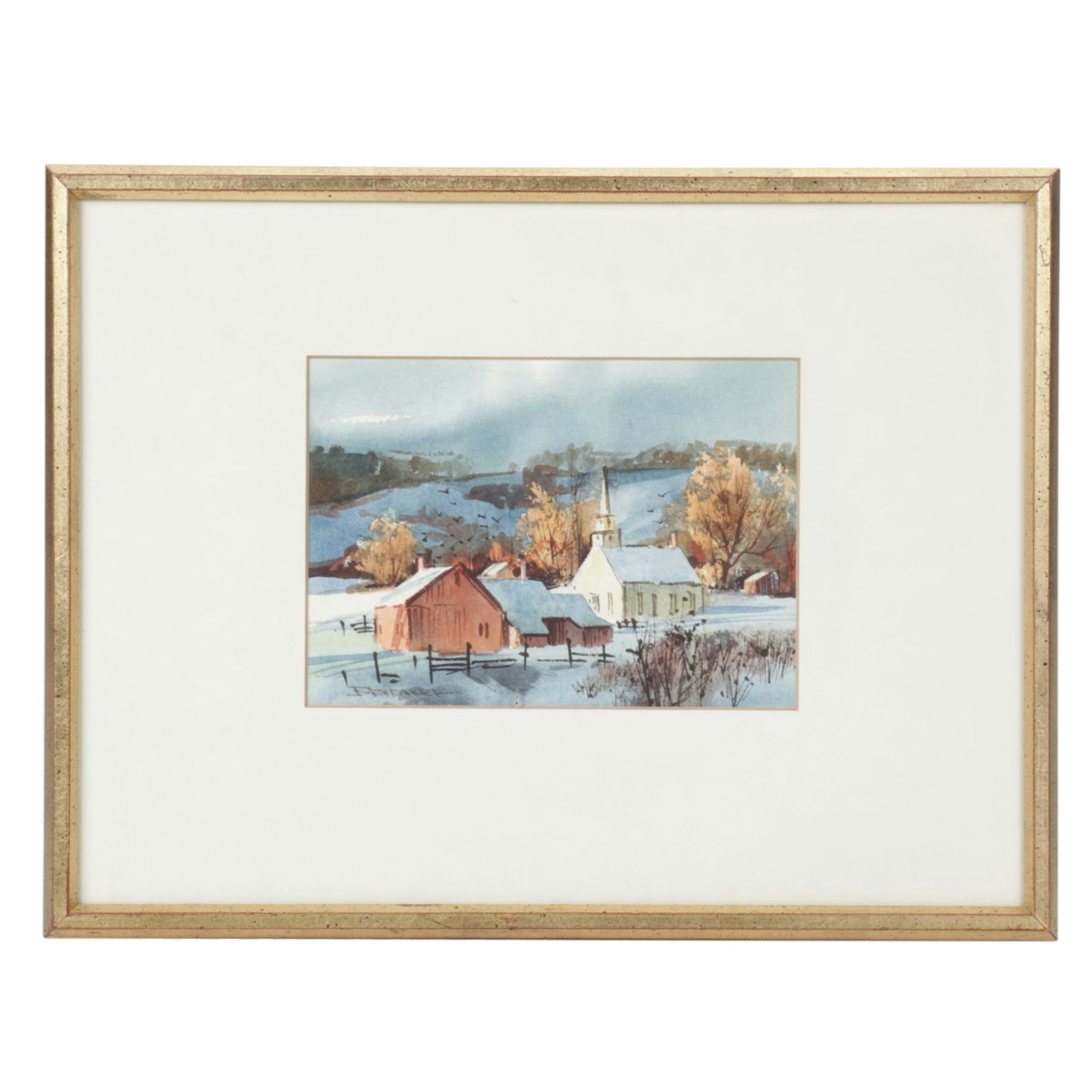 Robert Brubaker Watercolor Landscape Painting of Rural Winter Town at Daybreak