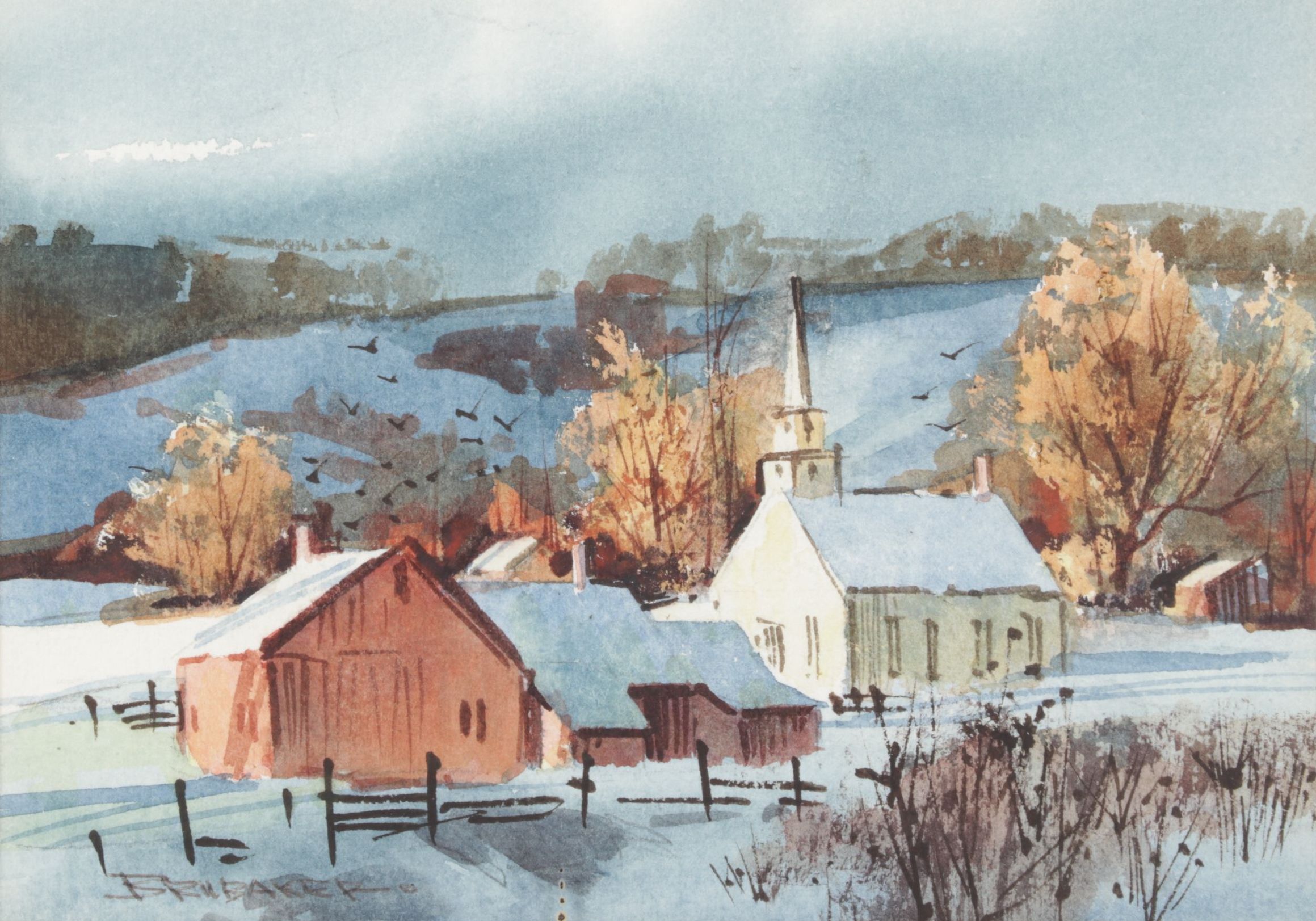 Robert Brubaker Watercolor Landscape Painting of Rural Winter Town at Daybreak