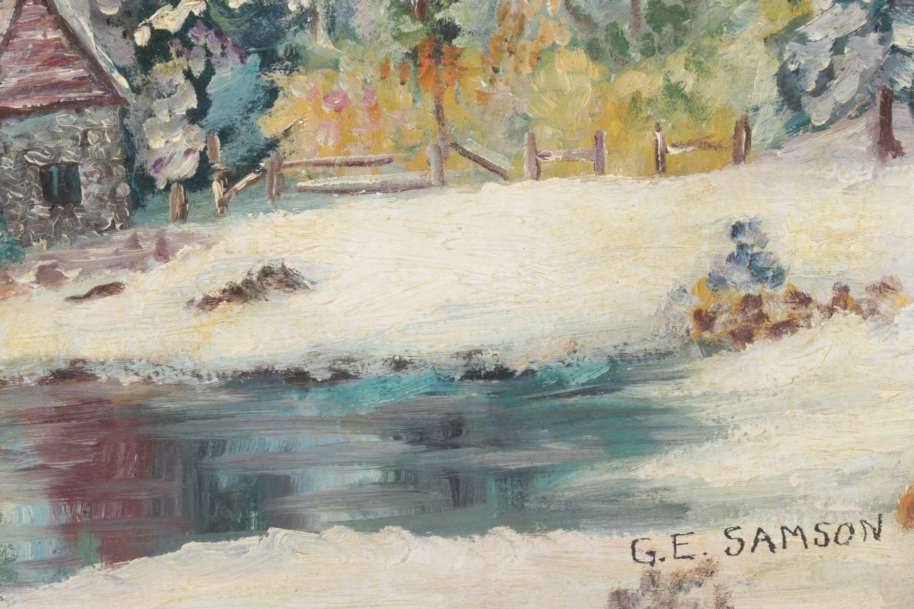 G. E. Samson Oil Painting of a Riverbank Watermill in a Winter Landscape, 1955