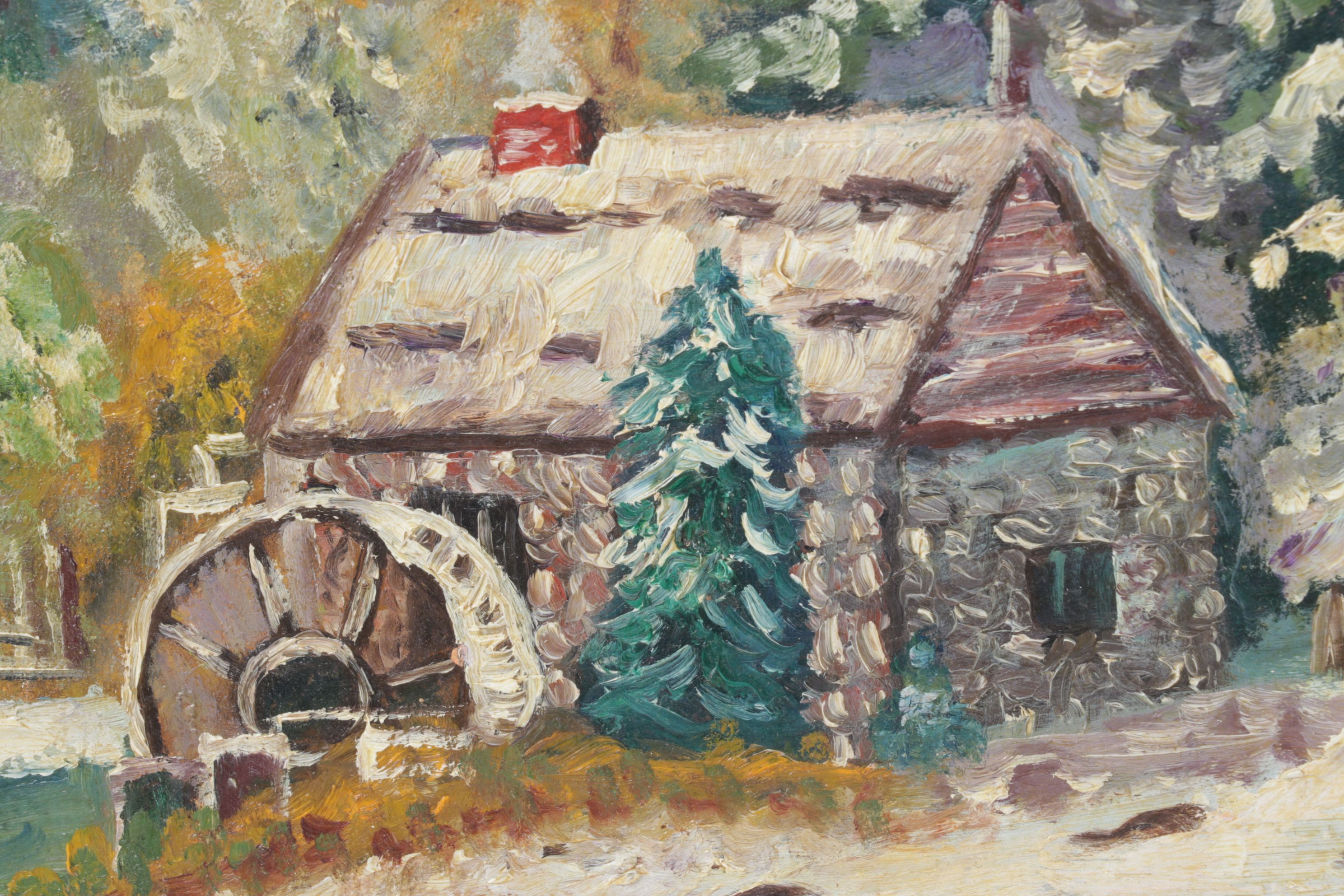 G. E. Samson Oil Painting of a Riverbank Watermill in a Winter Landscape, 1955