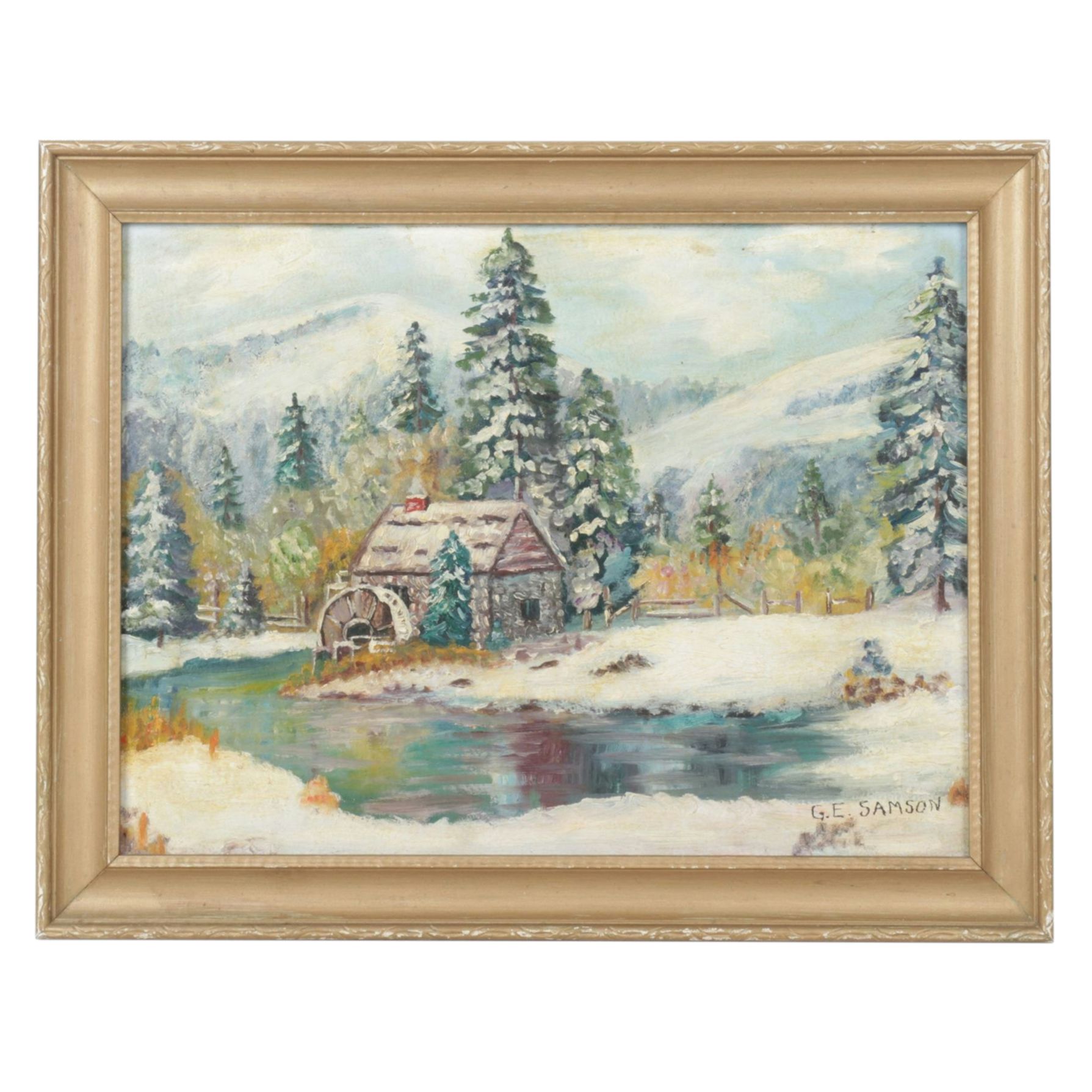 G. E. Samson Oil Painting of a Riverbank Watermill in a Winter Landscape, 1955