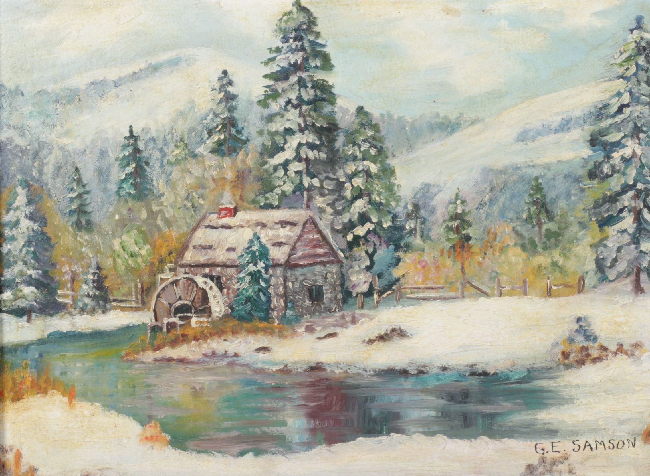 G. E. Samson Oil Painting of a Riverbank Watermill in a Winter Landscape, 1955