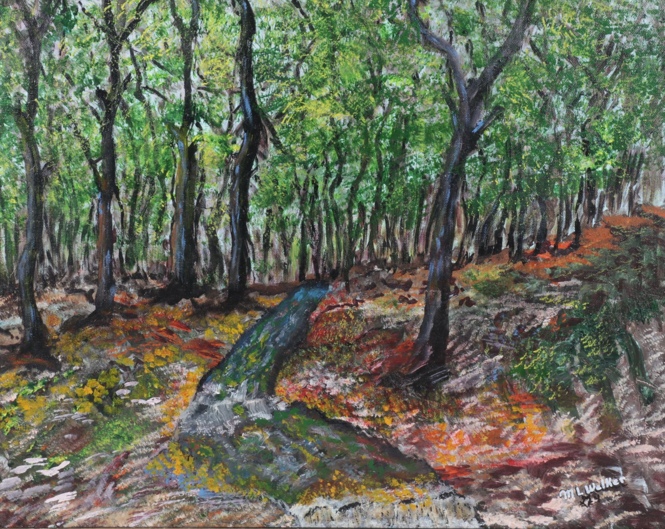 M. L. Welker Impressionist Acrylic Landscape Painting of a Forest Path