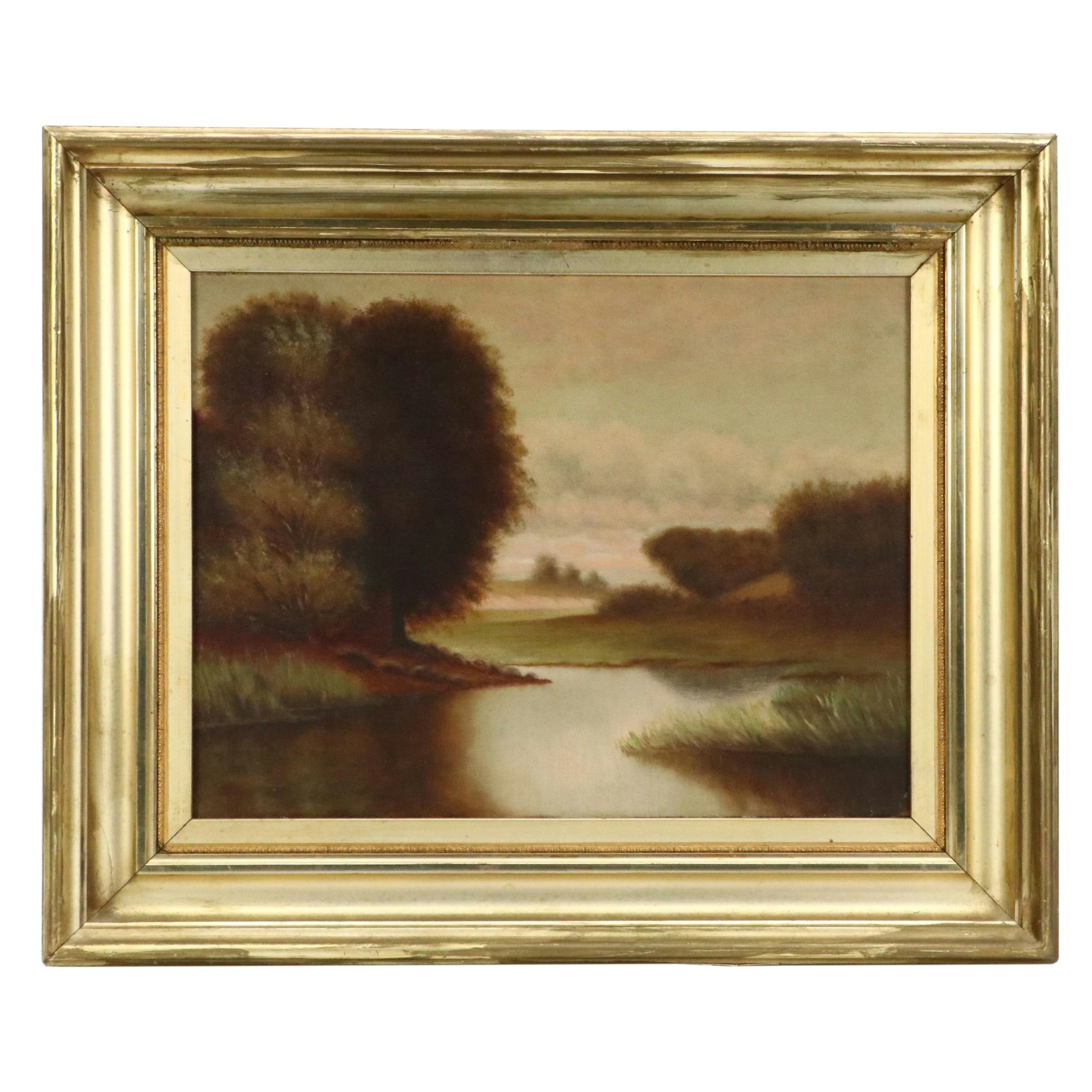 Naturalistic Style Oil Painting of River Landscape, 1901