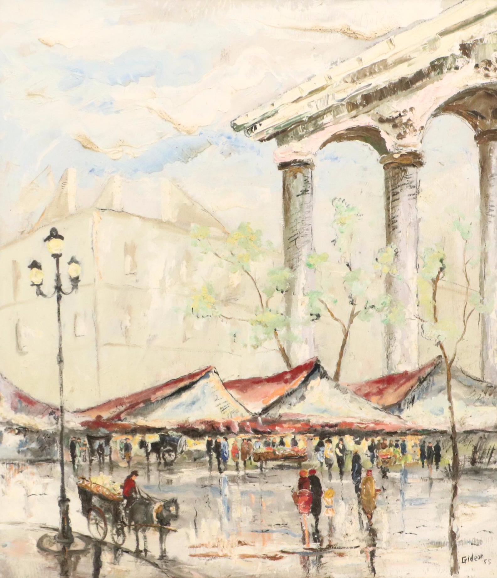 Elmo Gideon Oil Painting of Outdoor Market Scene, 1955