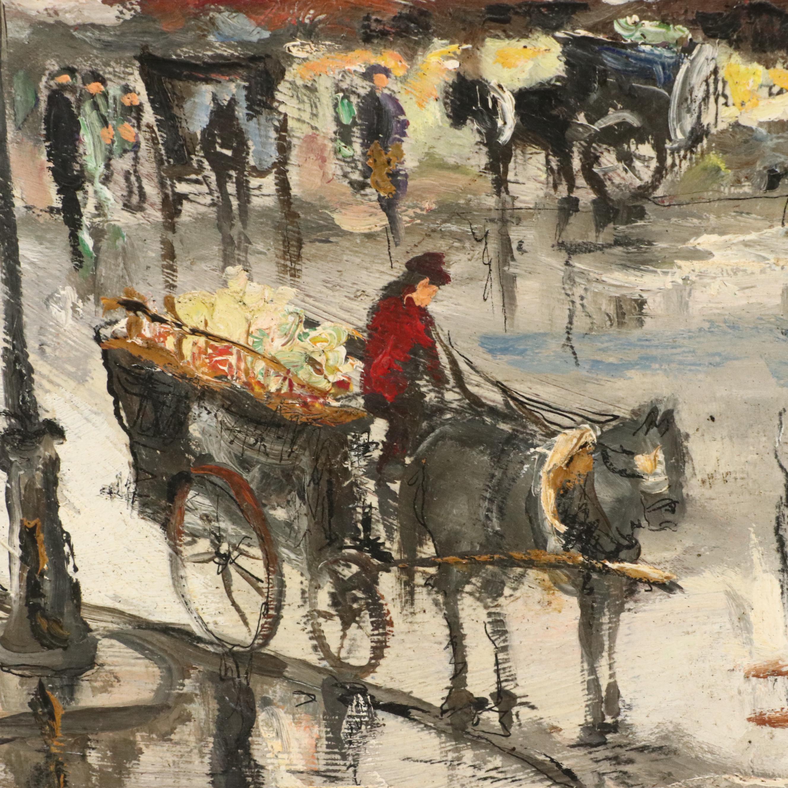 Elmo Gideon Oil Painting of Outdoor Market Scene, 1955