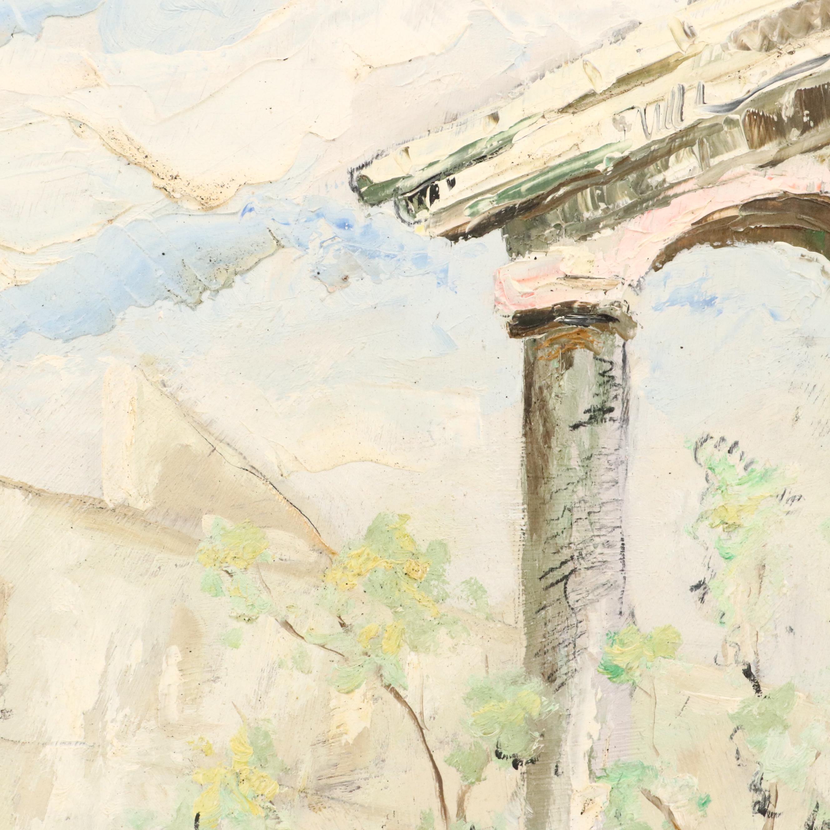 Elmo Gideon Oil Painting of Outdoor Market Scene, 1955