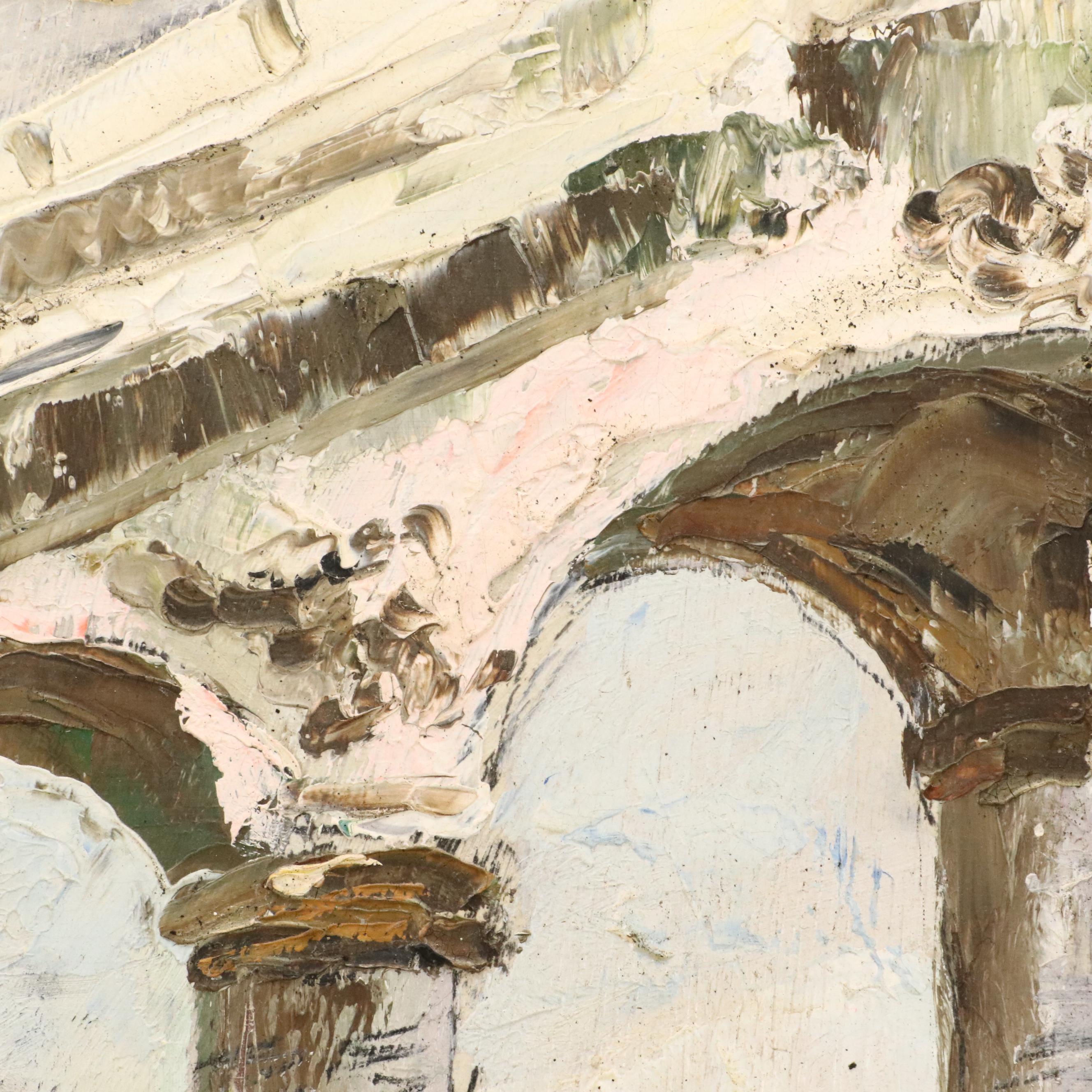 Elmo Gideon Oil Painting of Outdoor Market Scene, 1955