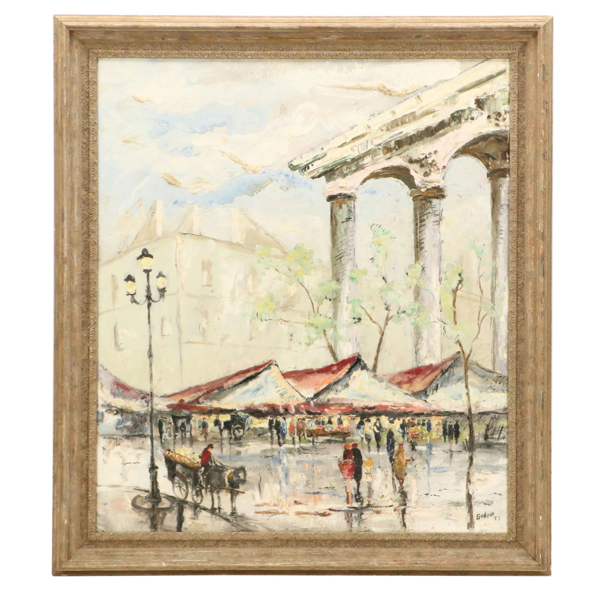 Elmo Gideon Oil Painting of Outdoor Market Scene, 1955