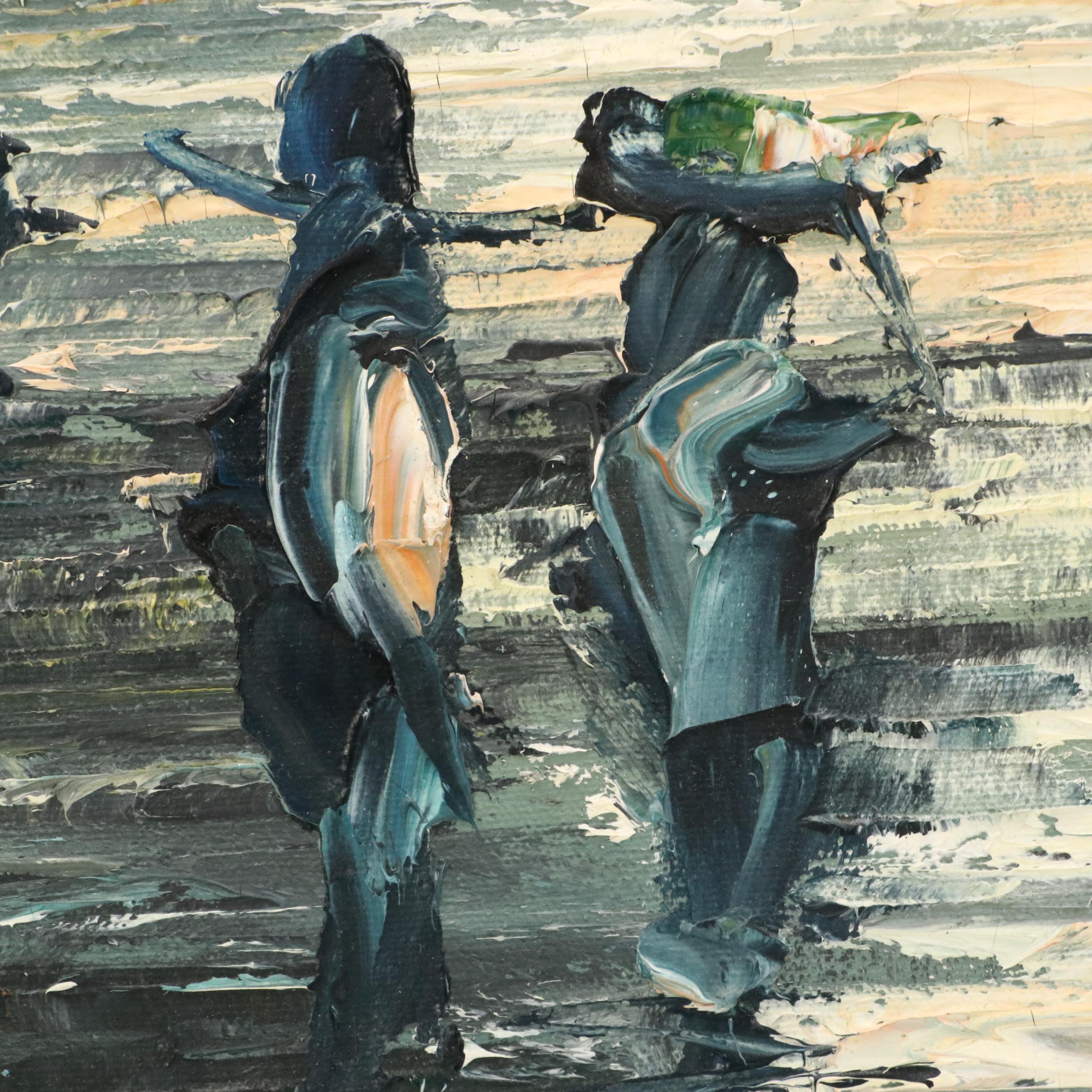 Victor Casibada Oil Painting Night Fishers on Beach, 1967