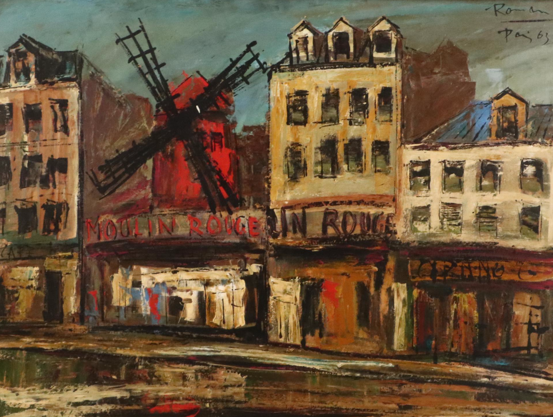 Modernist Oil Painting of Moulin Rouge Street Scene "Paris," 1963
