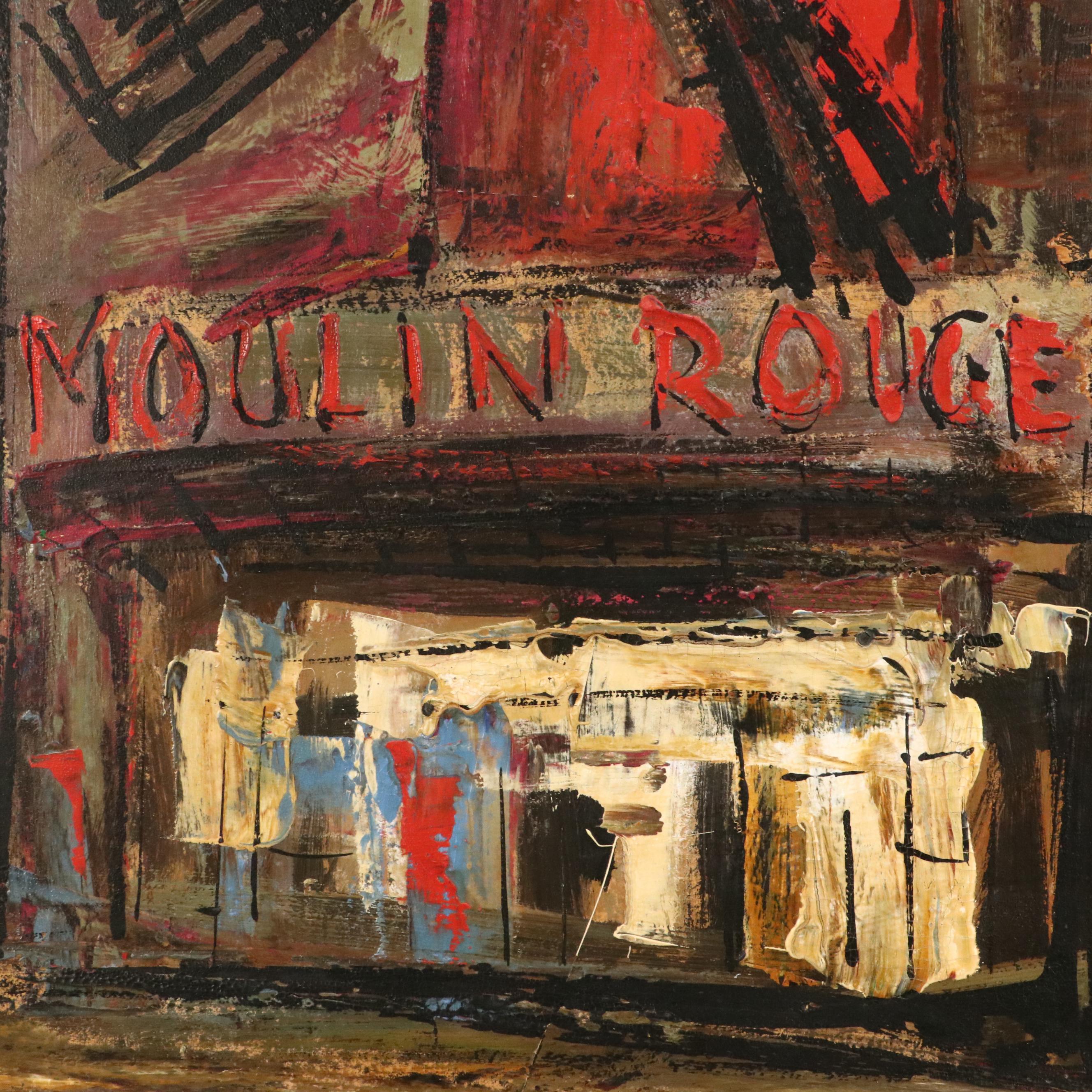 Modernist Oil Painting of Moulin Rouge Street Scene "Paris," 1963