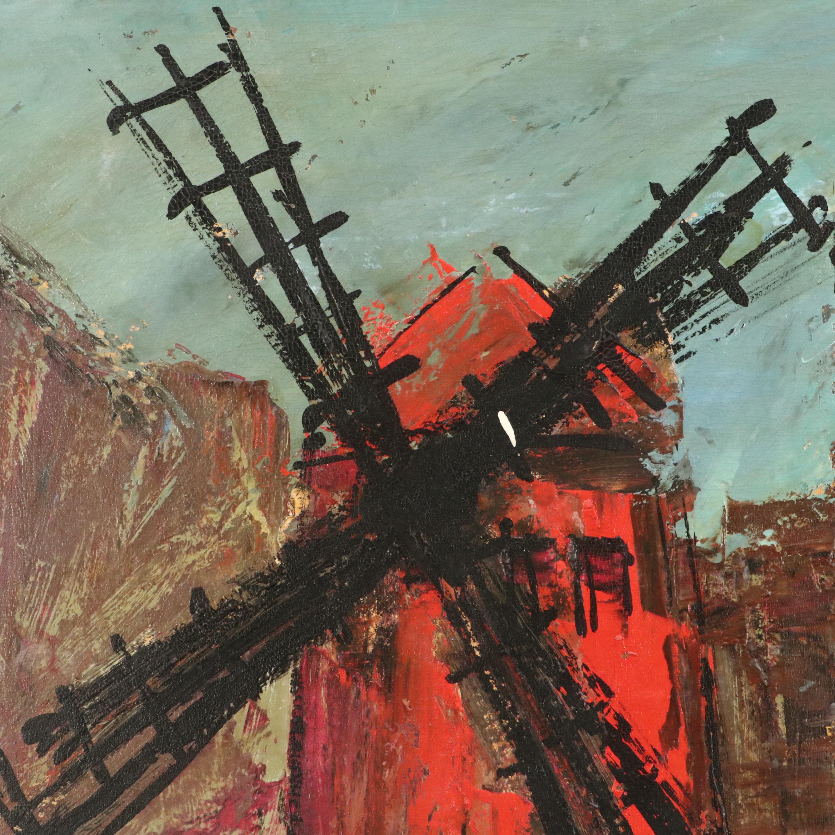 Modernist Oil Painting of Moulin Rouge Street Scene "Paris," 1963