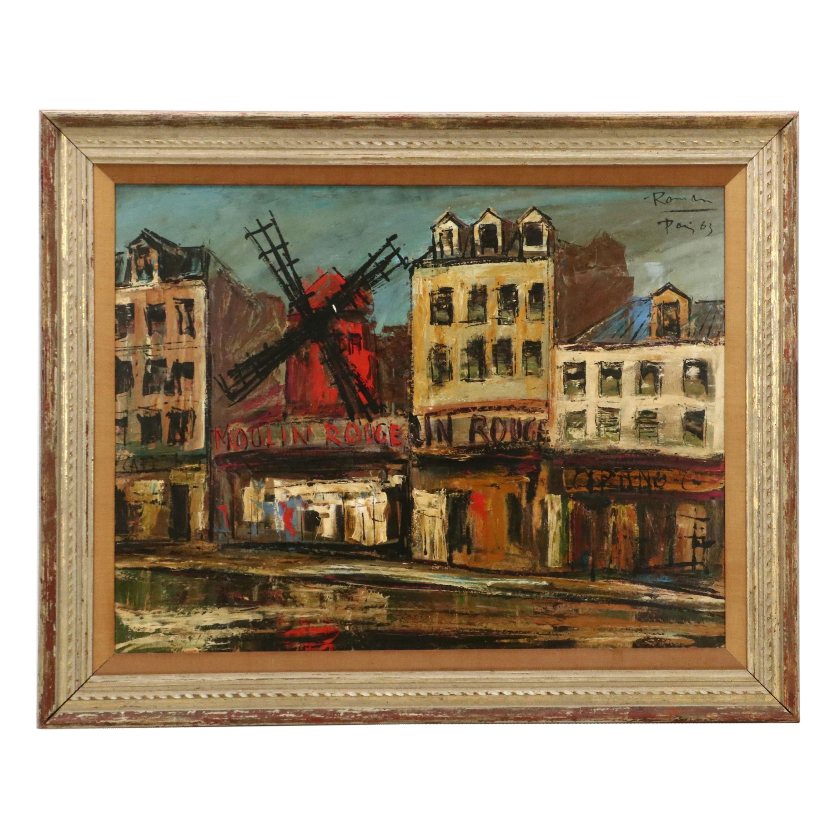 Modernist Oil Painting of Moulin Rouge Street Scene "Paris," 1963