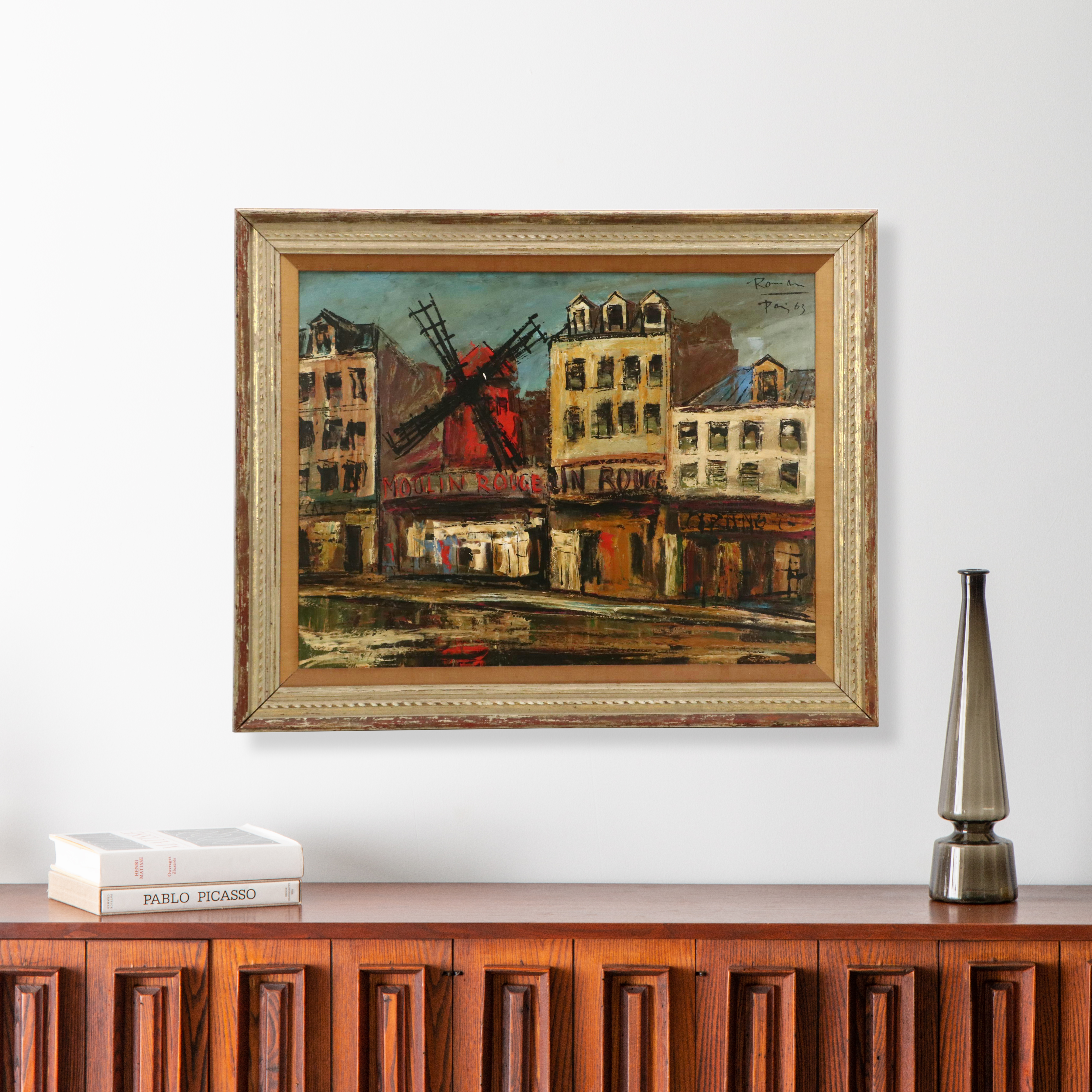 Modernist Oil Painting of Moulin Rouge Street Scene "Paris," 1963