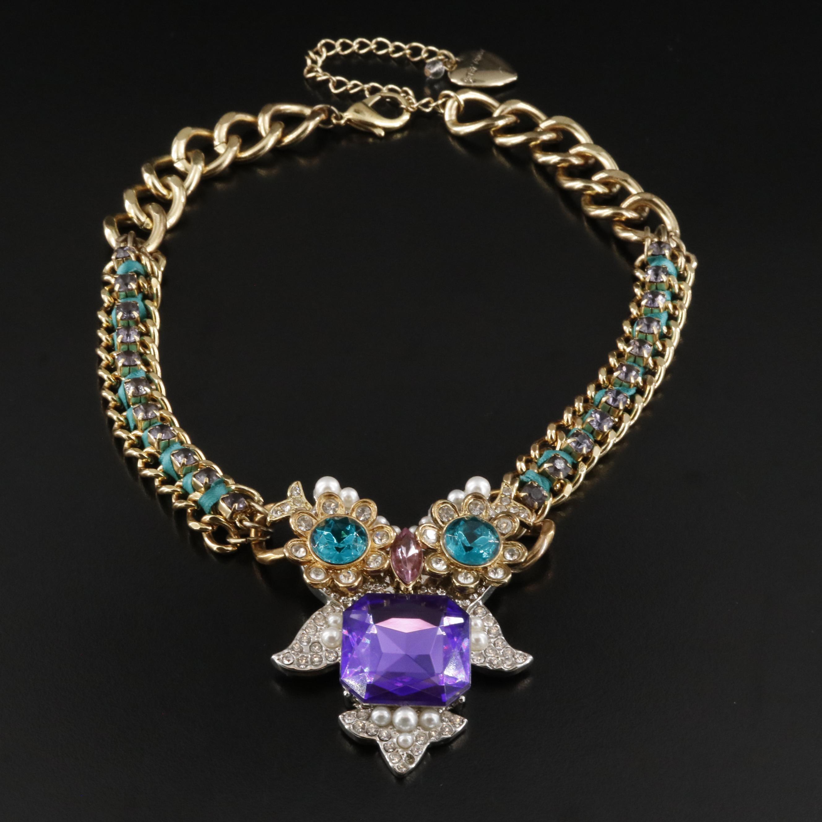 Betsy Johnson Rhinestone Owl Necklace